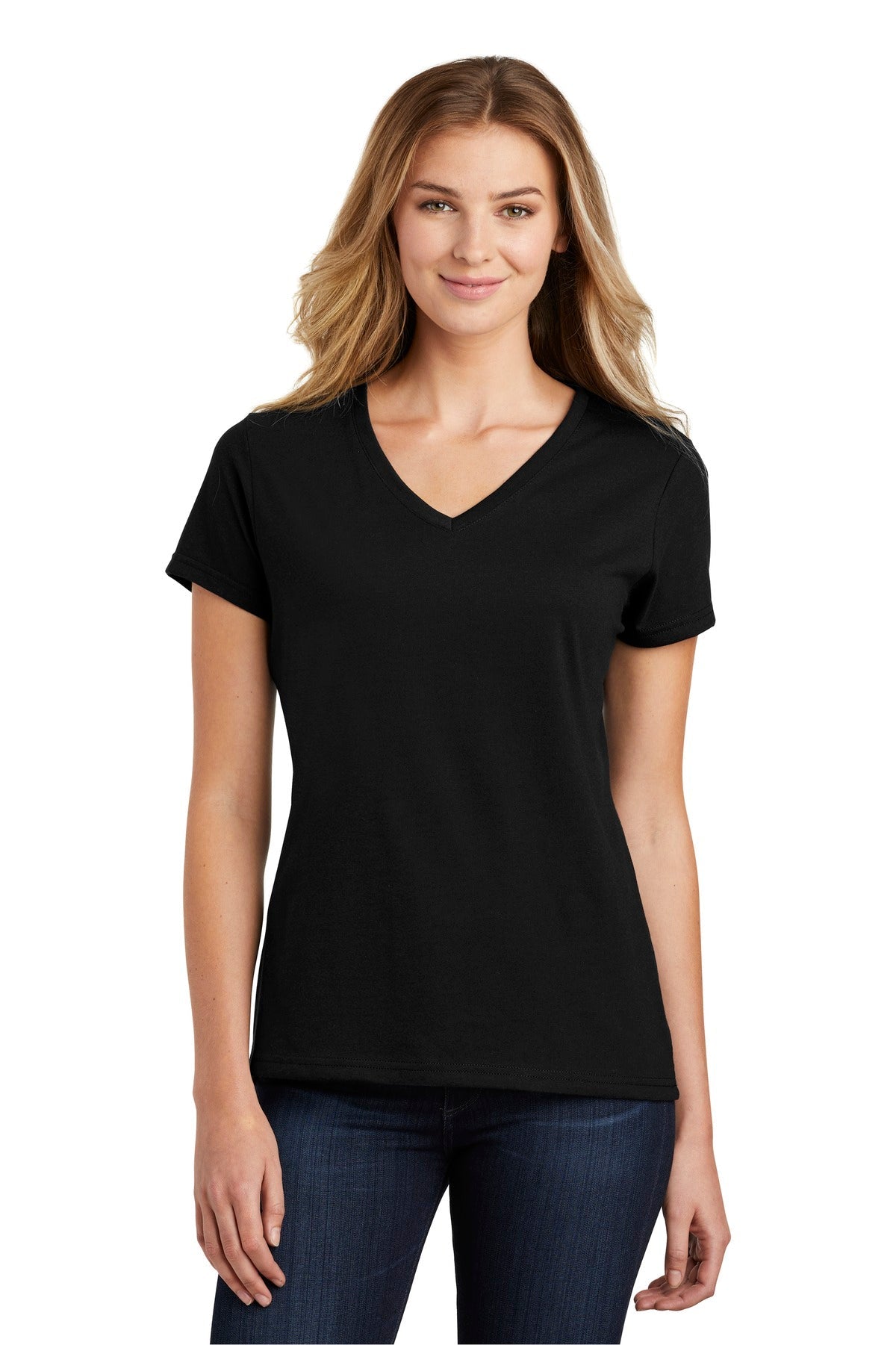 Front View of Jet Black Port & Co Women's Fan Favorite Blend V-Neck Tee. LPC455V