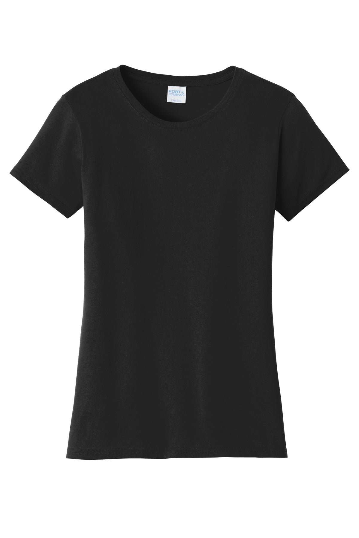 Front View of Jet Black Port & Co Women's Fan Favorite Tee. LPC450