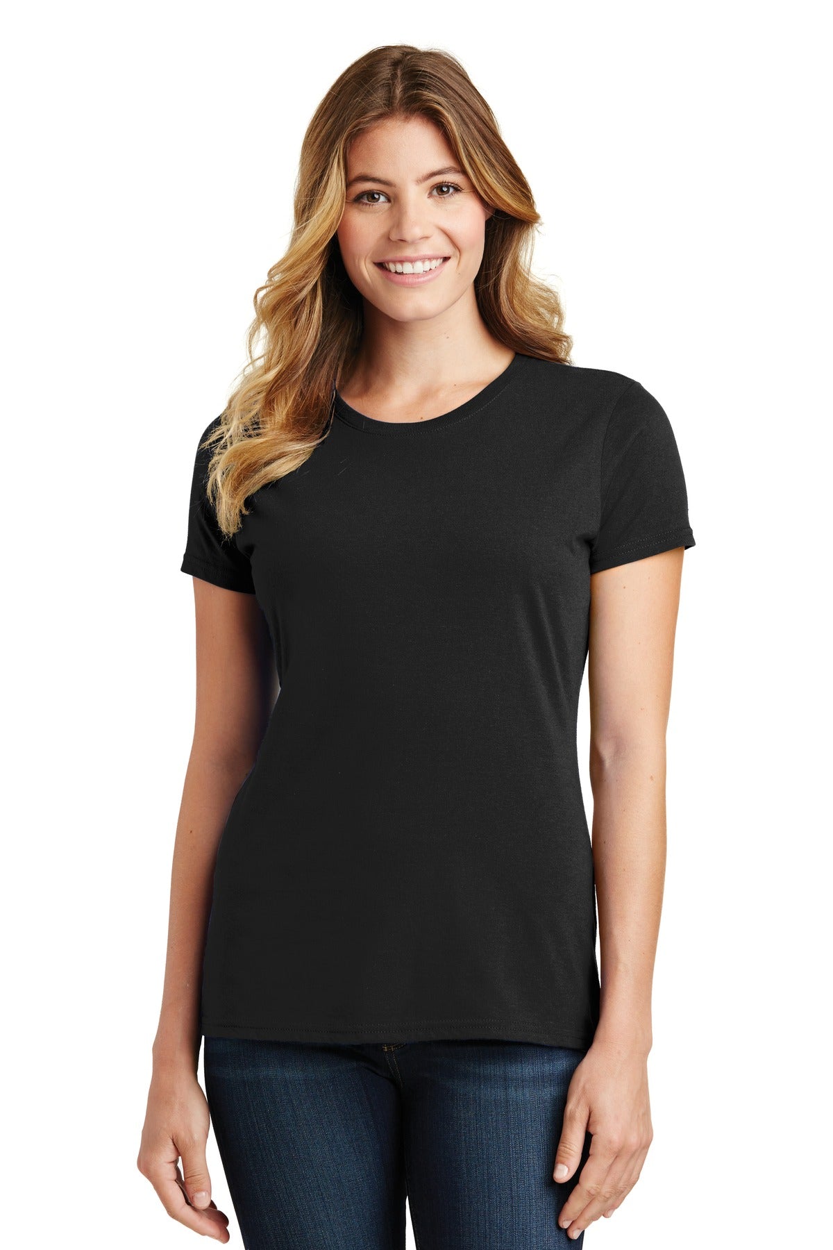Front View of Jet Black Port & Co Women's Fan Favorite Tee. LPC450