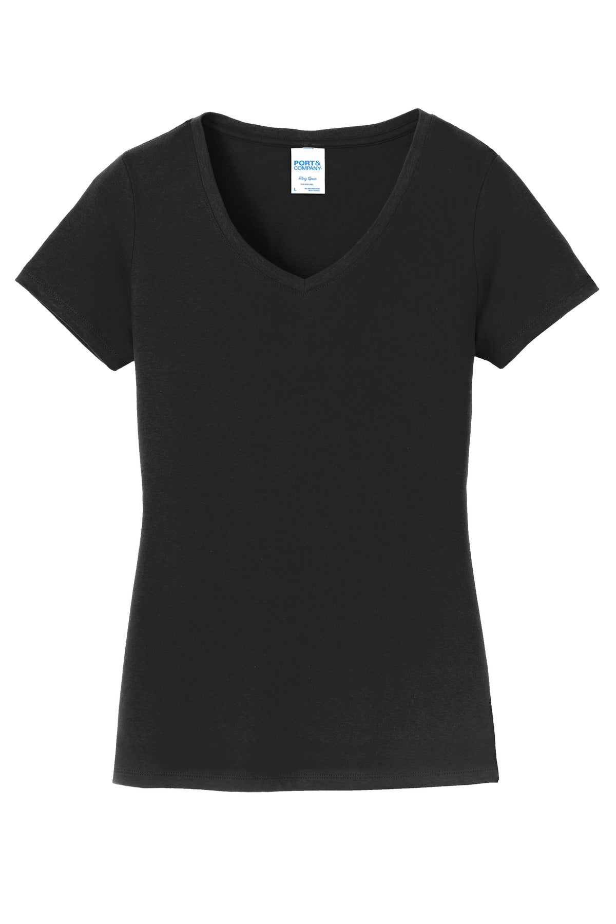 Front View of Jet Black Port & Co Women's Fan Favorite V-Neck Tee. LPC450V