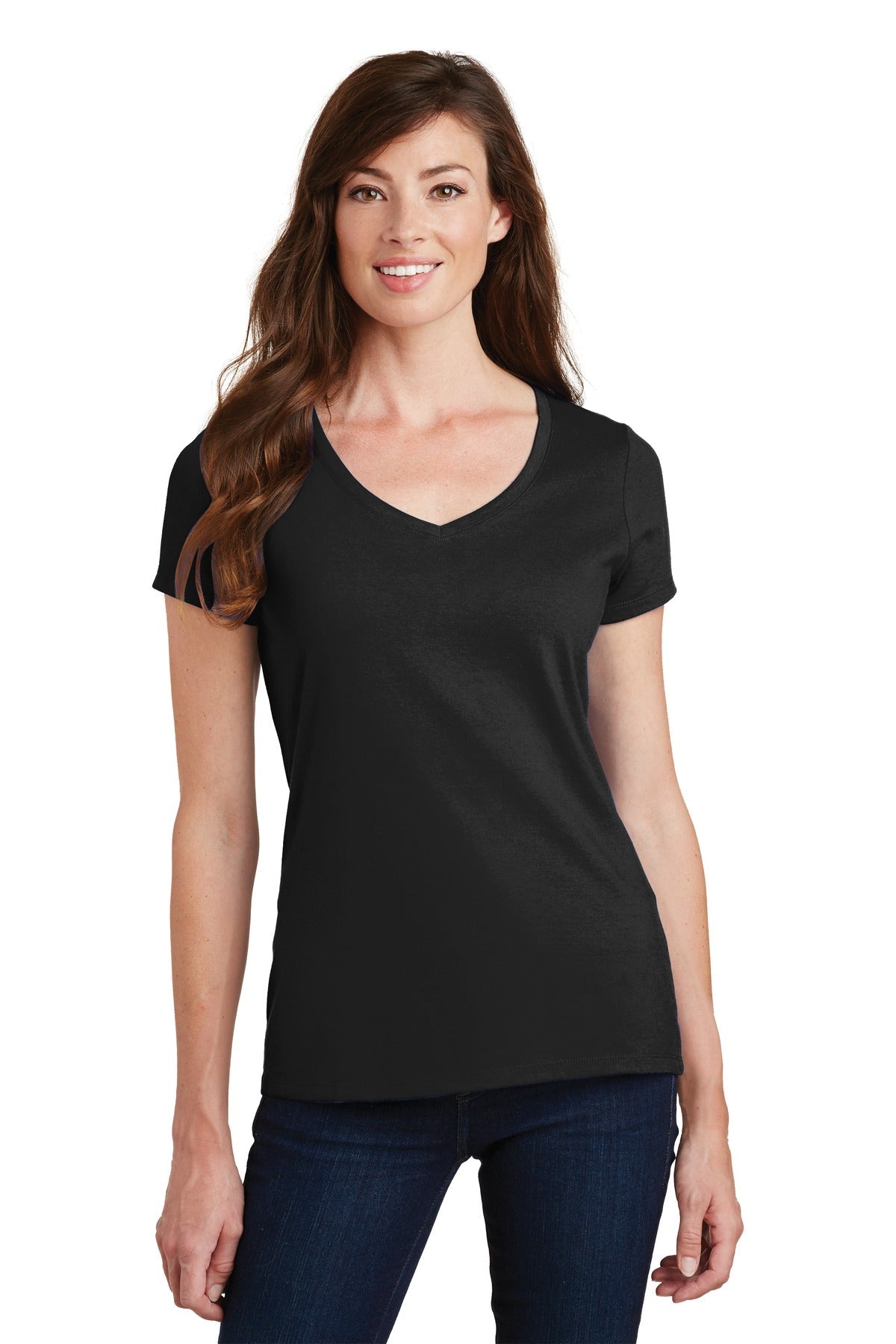 Front View of Jet Black Port & Co Women's Fan Favorite V-Neck Tee. LPC450V