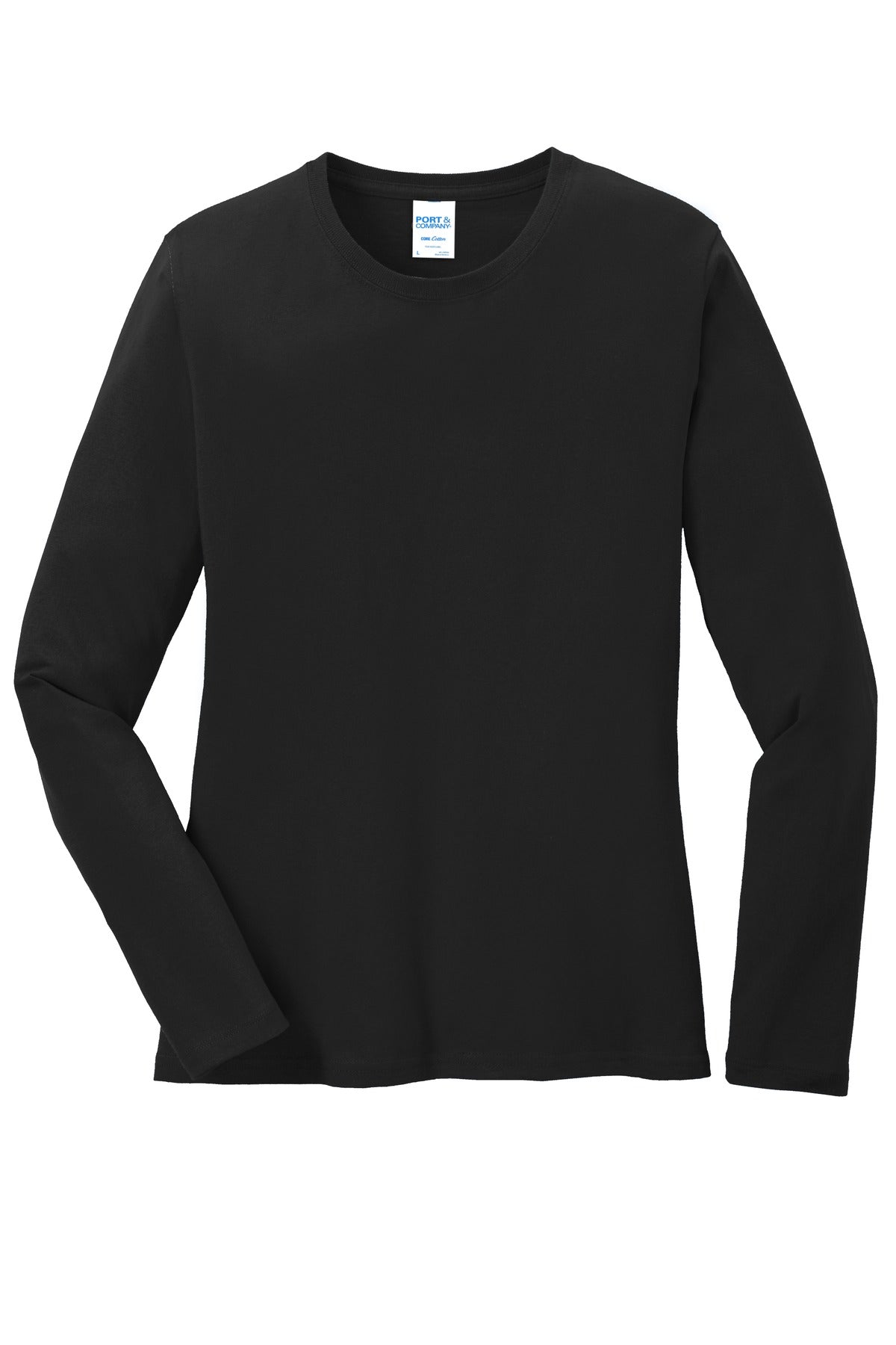 Front View of Jet Black Port & Co Women's Long Sleeve Core Cotton Tee. LPC54LS