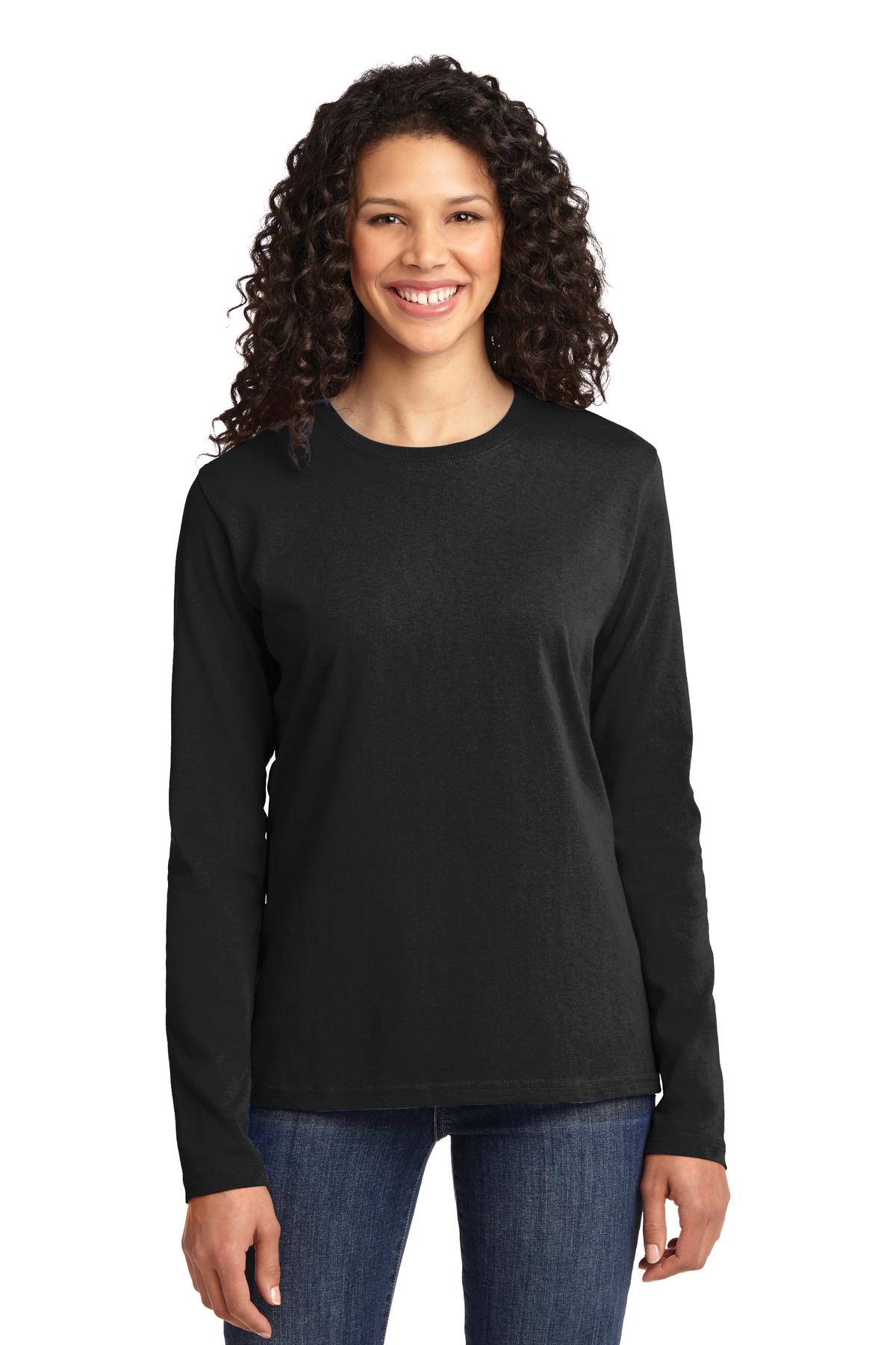 Front View of Jet Black Port & Co Women's Long Sleeve Core Cotton Tee. LPC54LS