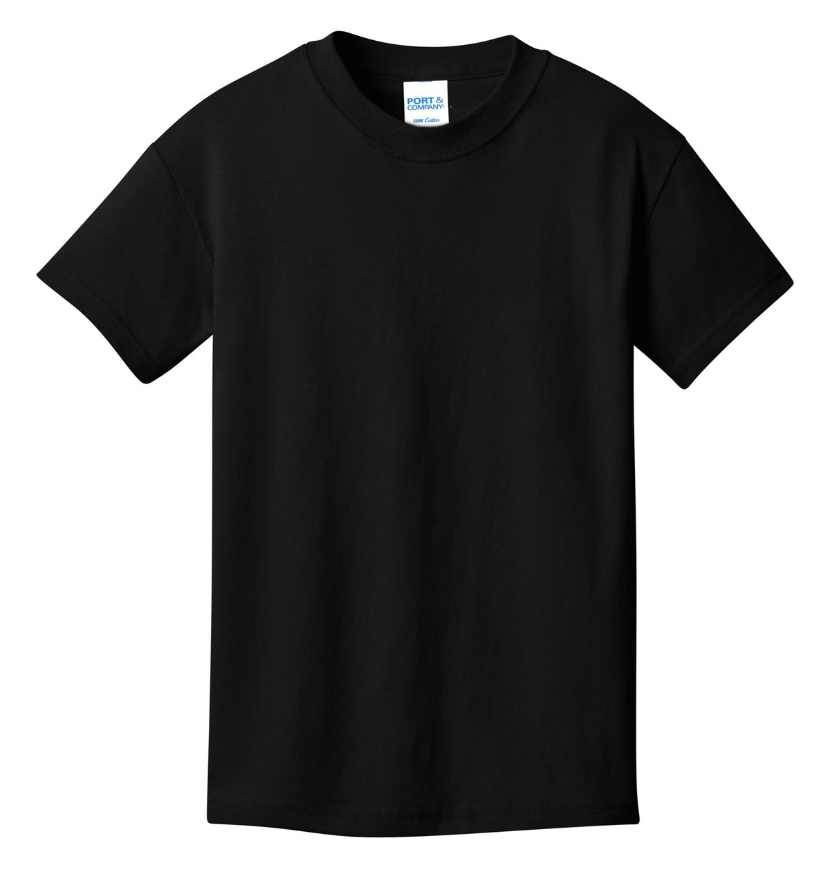 Front View of Jet Black Port & Co Youth Core Cotton Tee. PC54Y