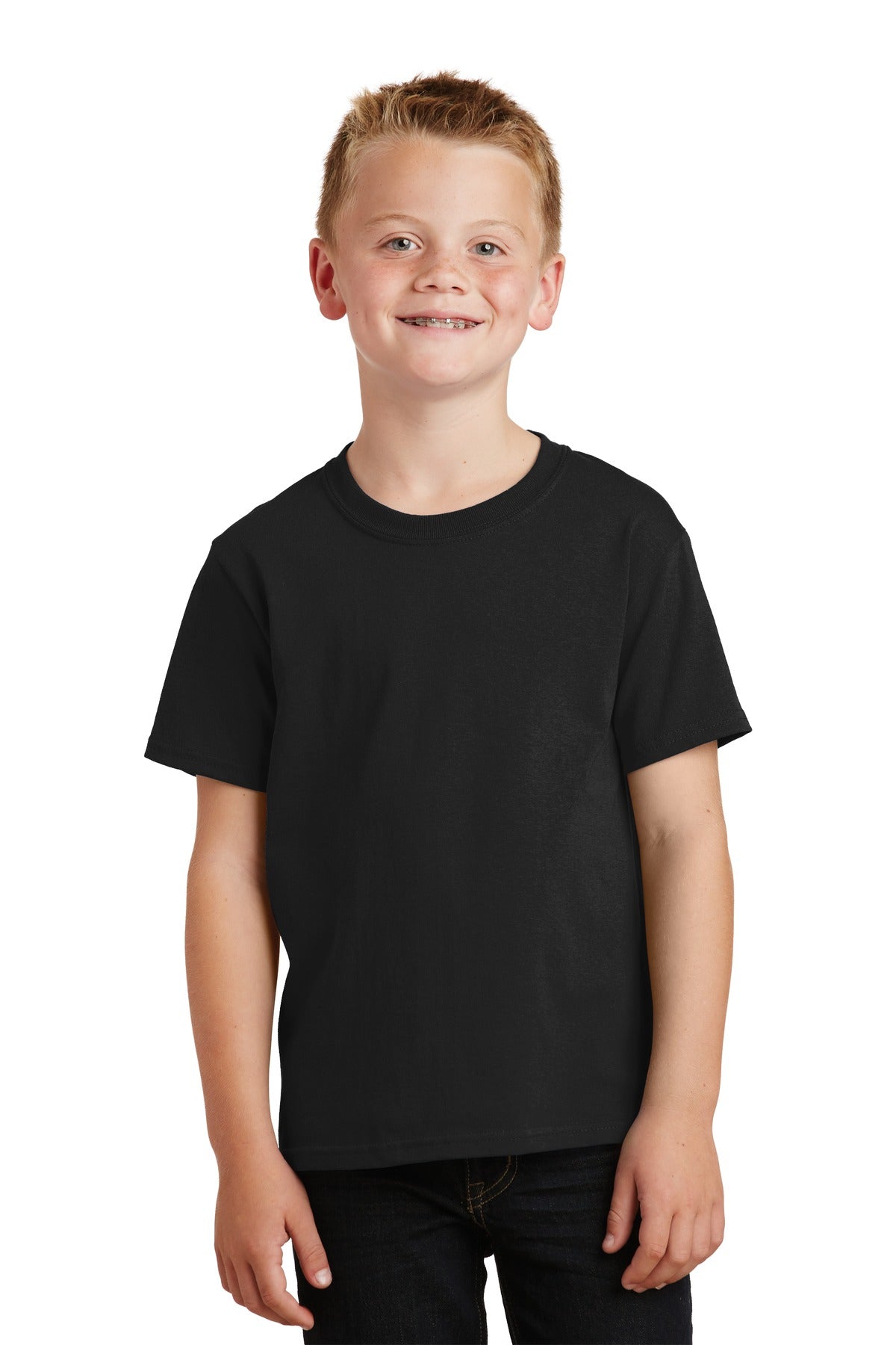Front View of Jet Black Port & Co Youth Core Cotton Tee. PC54Y