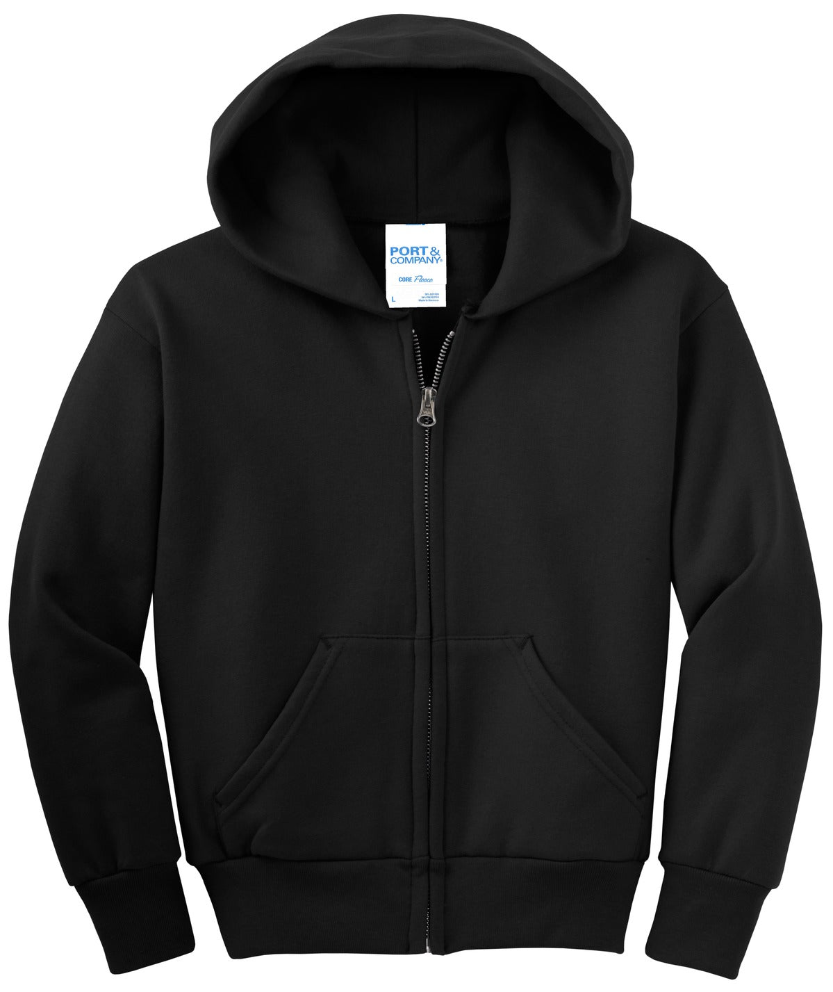 Front View of Jet Black Port & Co Youth Core Fleece Full-Zip Hooded Sweatshirt. PC90YZH