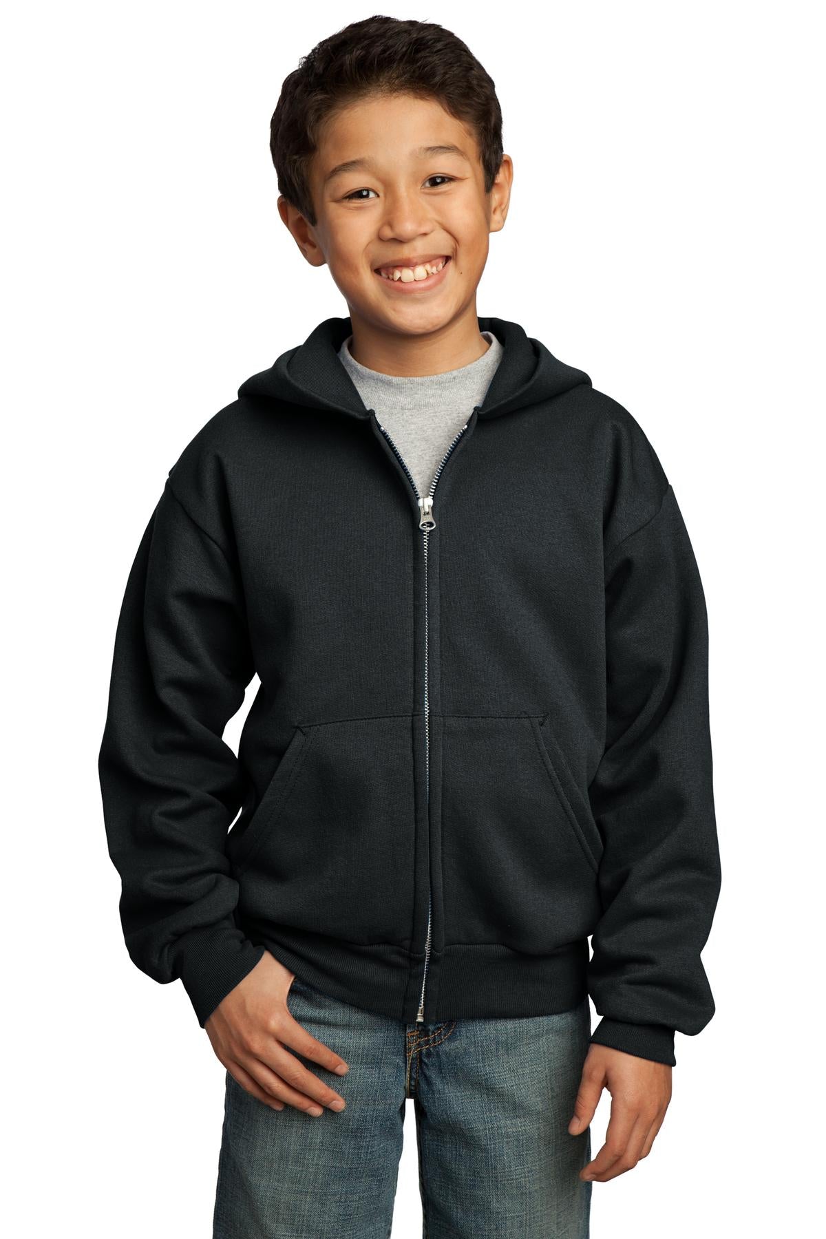 Front View of Jet Black Port & Co Youth Core Fleece Full-Zip Hooded Sweatshirt. PC90YZH