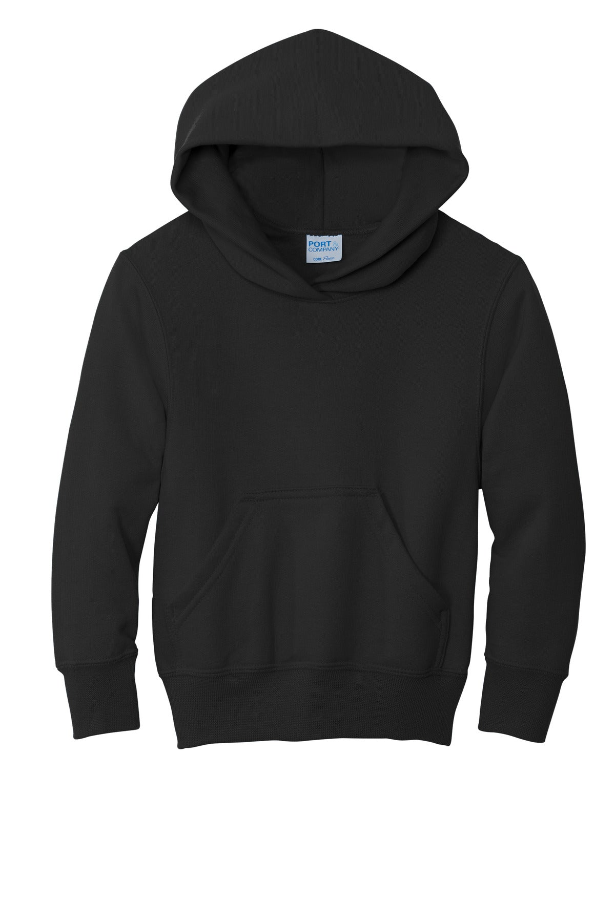 Front View of Jet Black Port & Co Youth Core Fleece Pullover Hooded Sweatshirt. PC90YH