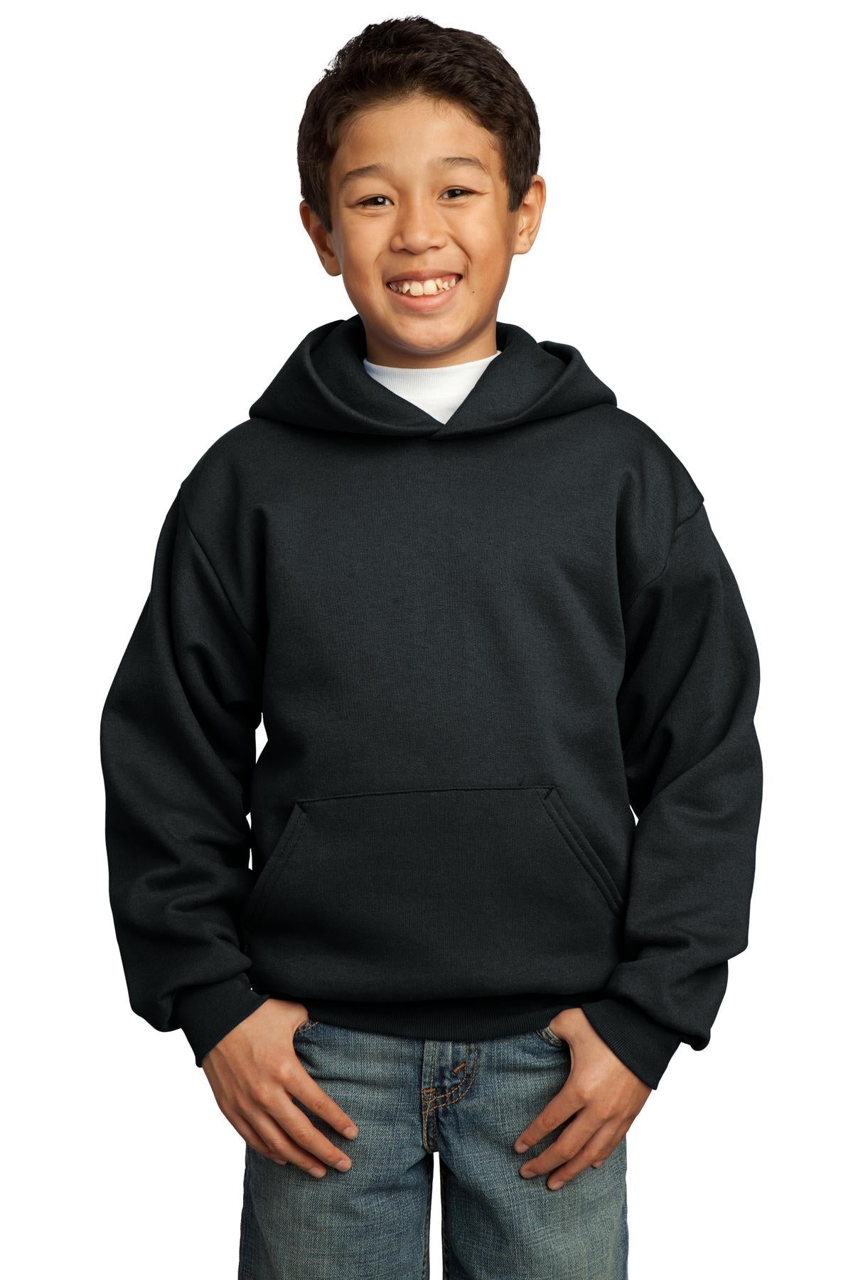 Front View of Jet Black Port & Co Youth Core Fleece Pullover Hooded Sweatshirt. PC90YH