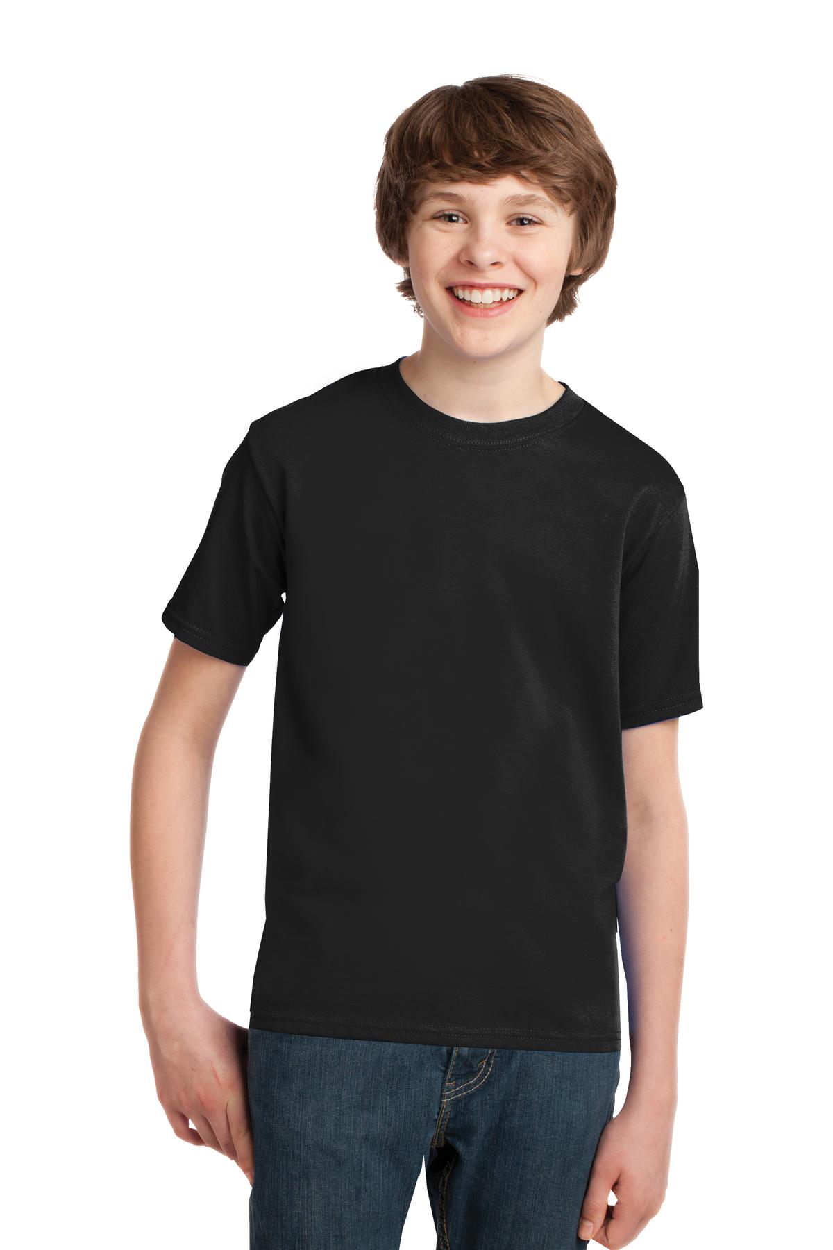 Front View of Jet Black Port & Co Youth Essential Tee. PC61Y