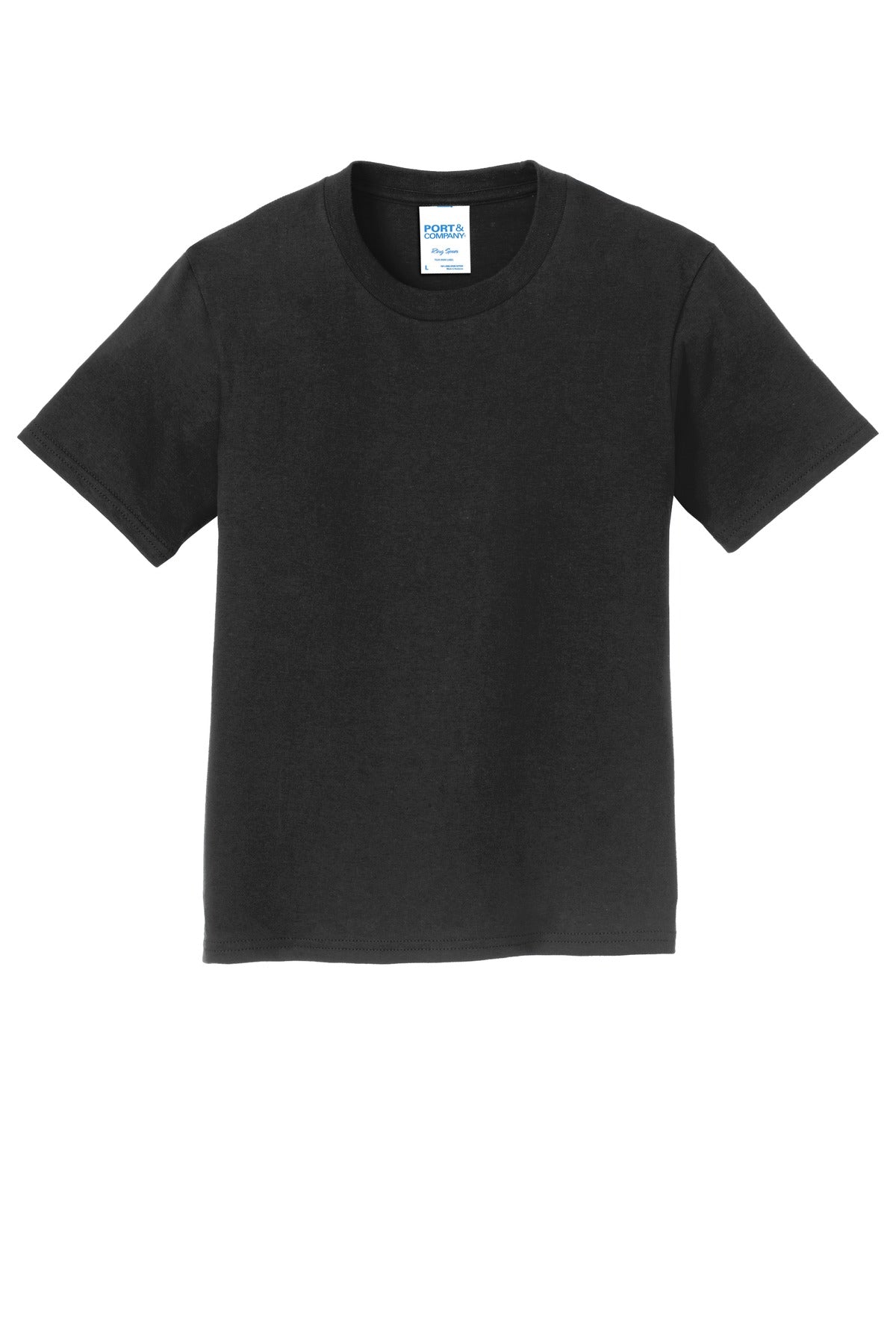 Front View of Jet Black Port & Co Youth Fan Favorite Tee. PC450Y