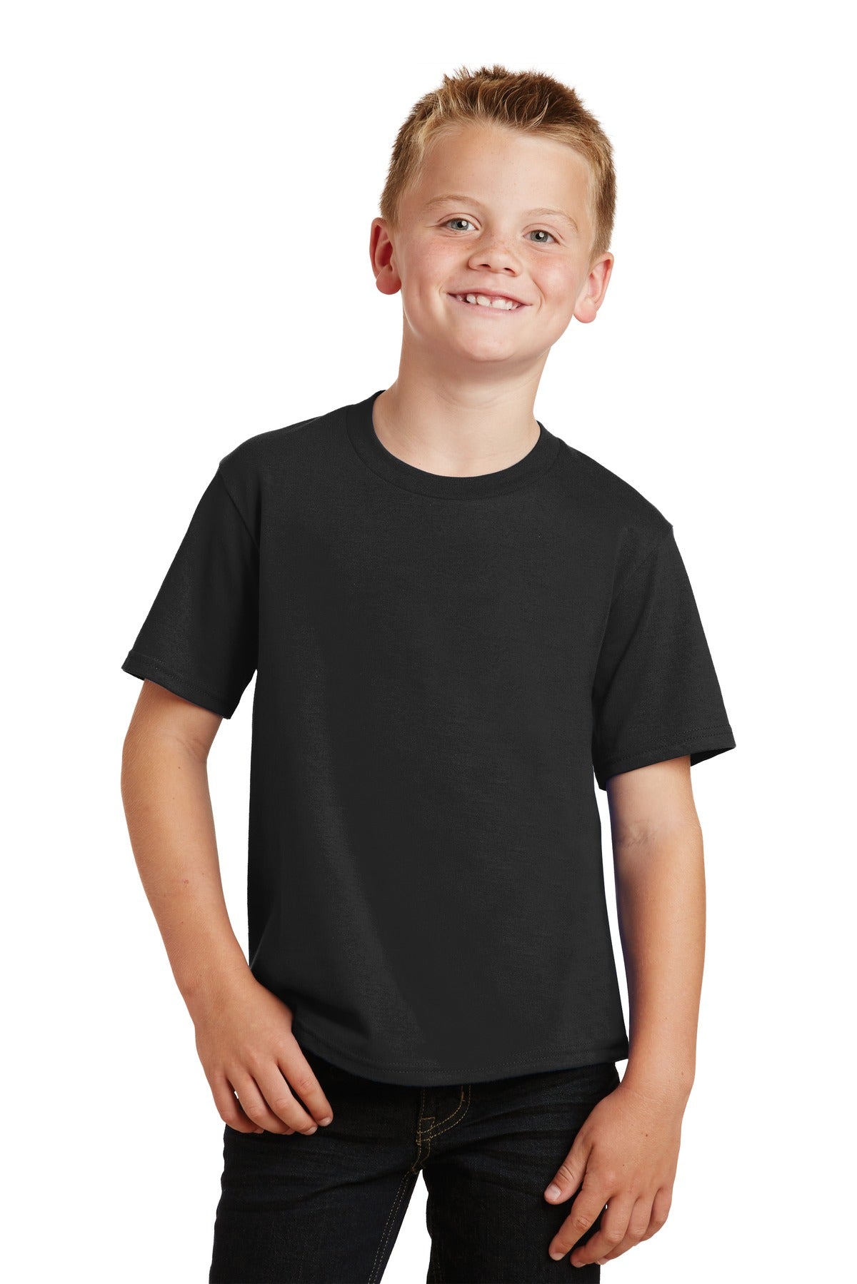 Front View of Jet Black Port & Co Youth Fan Favorite Tee. PC450Y