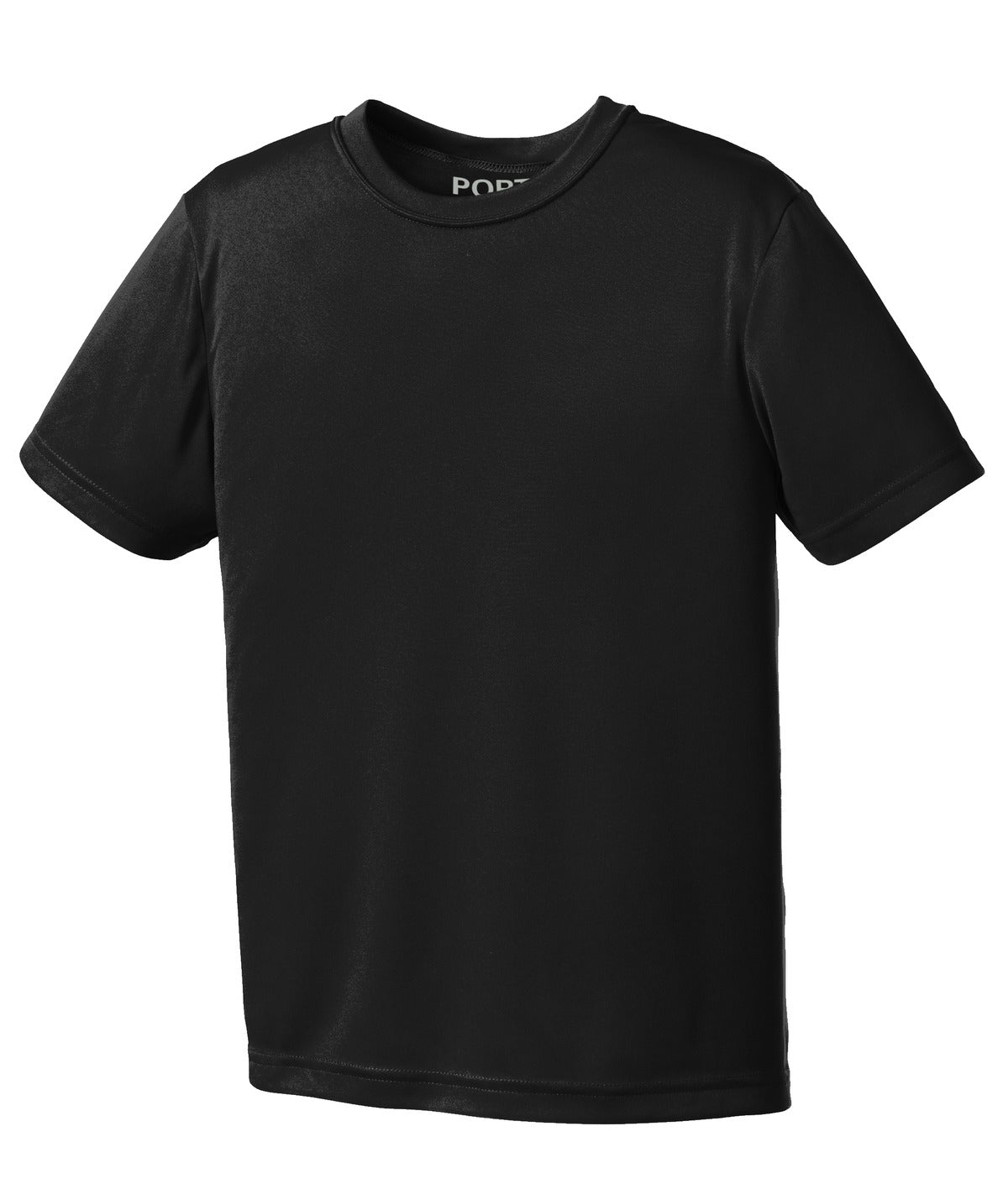Front View of Jet Black Port & Co Youth Performance Tee. PC380Y