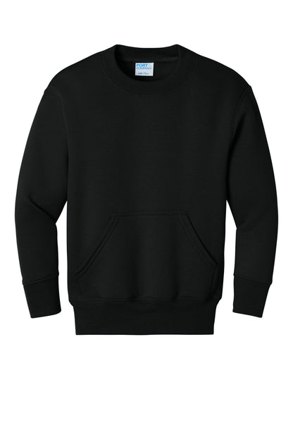 Front View of JetBlack Port & Co Youth Core Fleece Crewneck Pocket Sweatshirt PC78YPKT