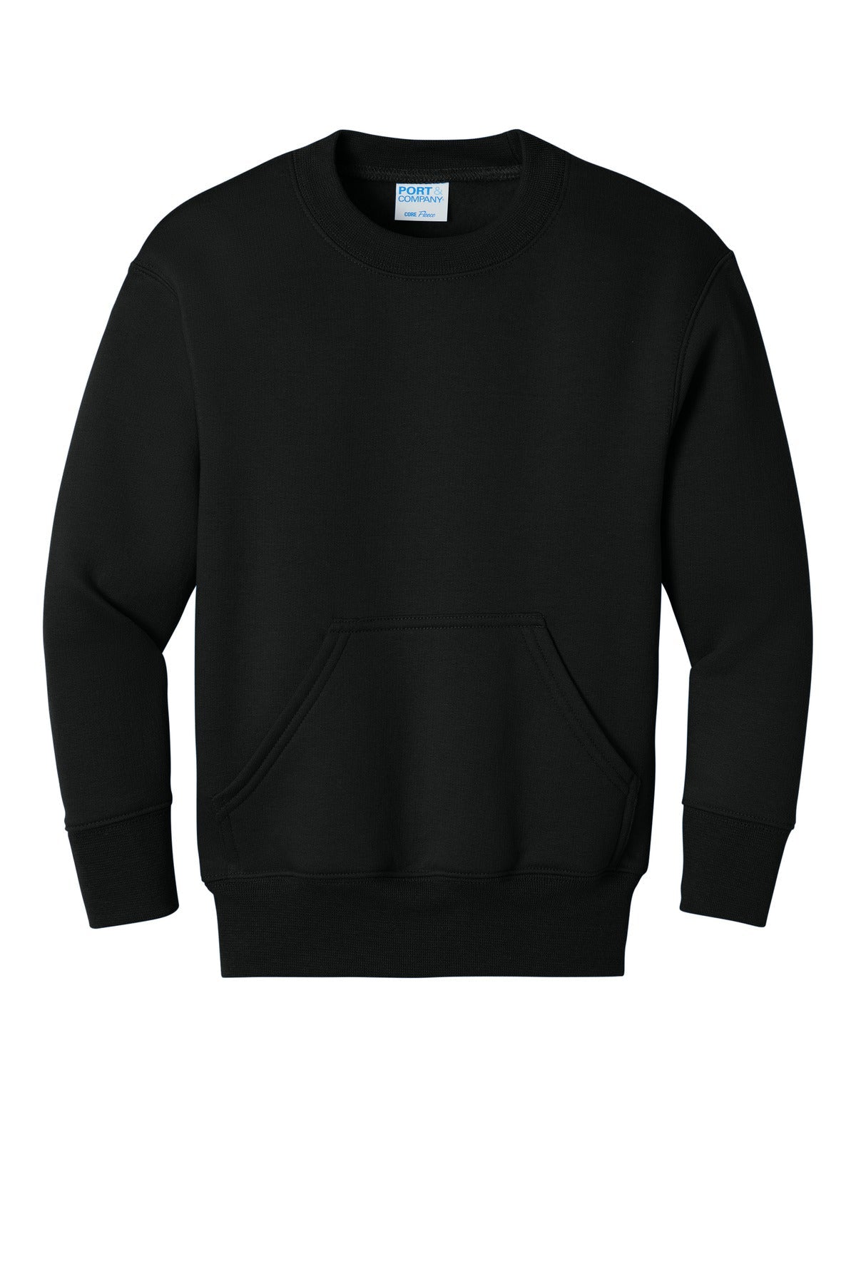 Front View of JetBlack Port & Co Youth Core Fleece Crewneck Pocket Sweatshirt PC78YPKT