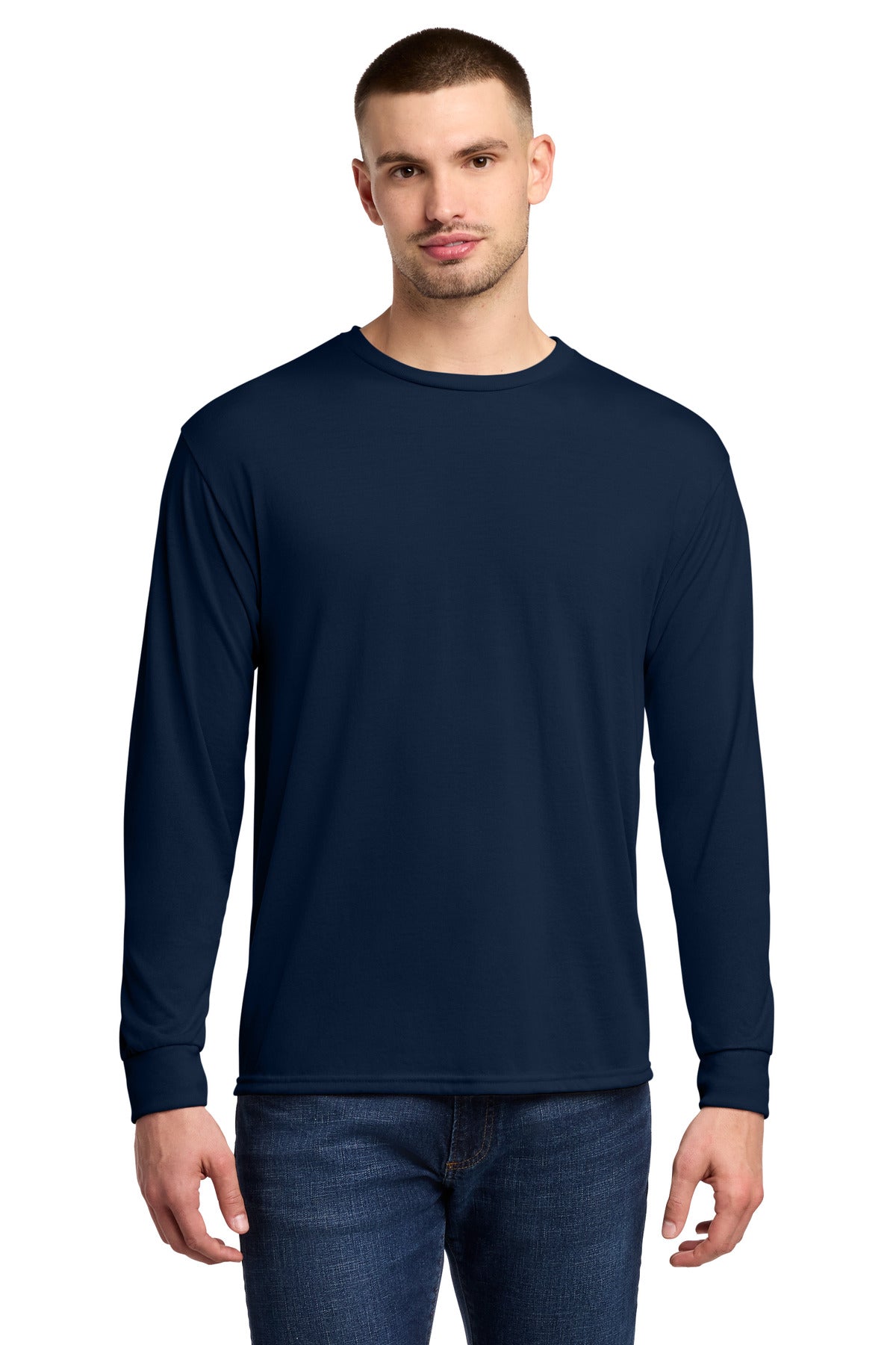 Front View of JNavy Jerzees Dri-Power 100% Polyester Long Sleeve T-Shirt 21LS
