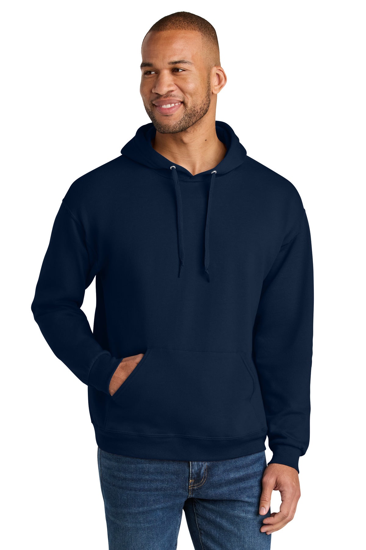 Front View of JNavy Jerzees Ultimate Unisex CVC Ring Spun Hooded Sweatshirt IC49M