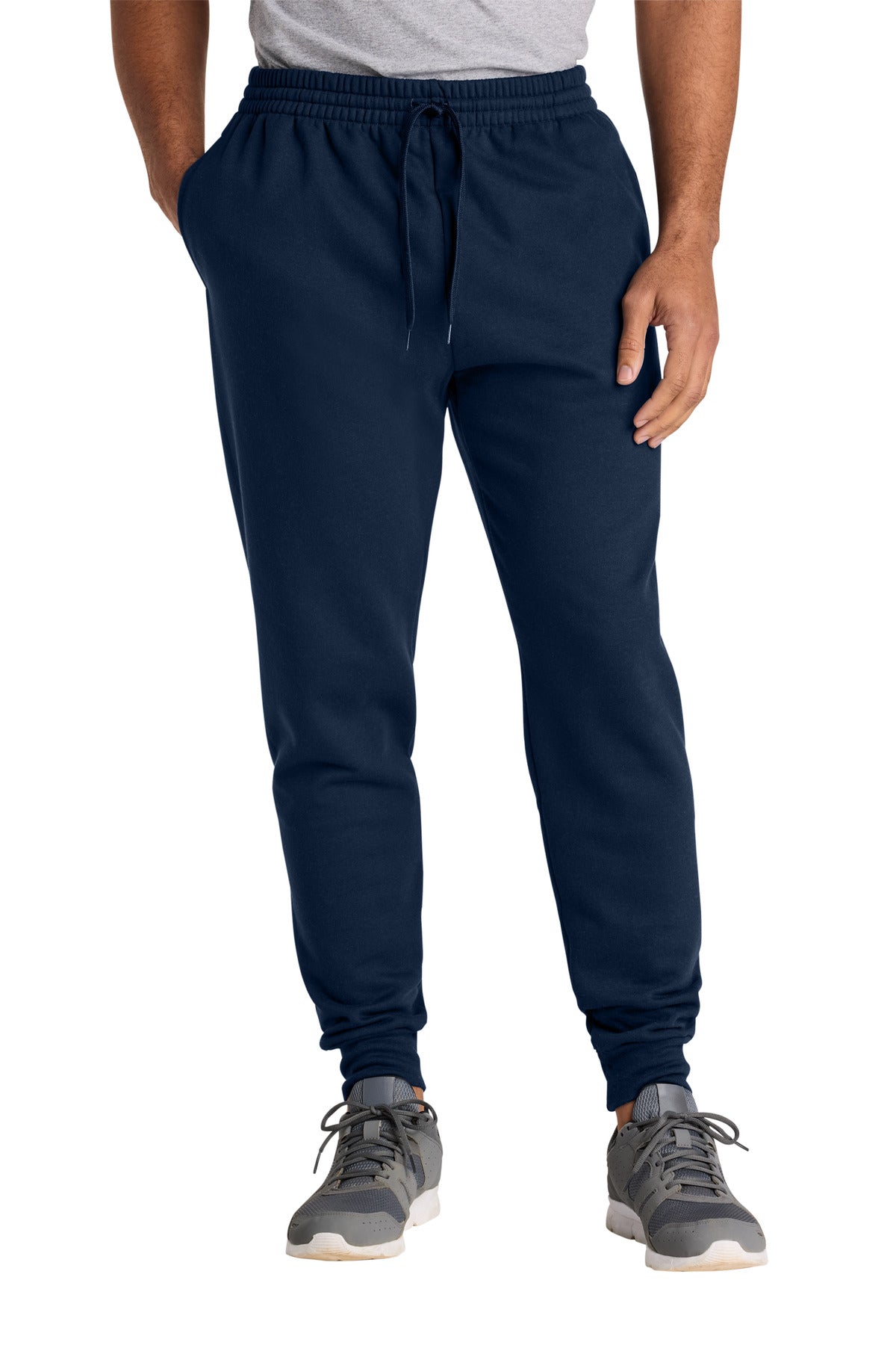 Front View of JNavy Jerzees Ultimate Unisex CVC Ring Spun Pocket Jogger IC50M