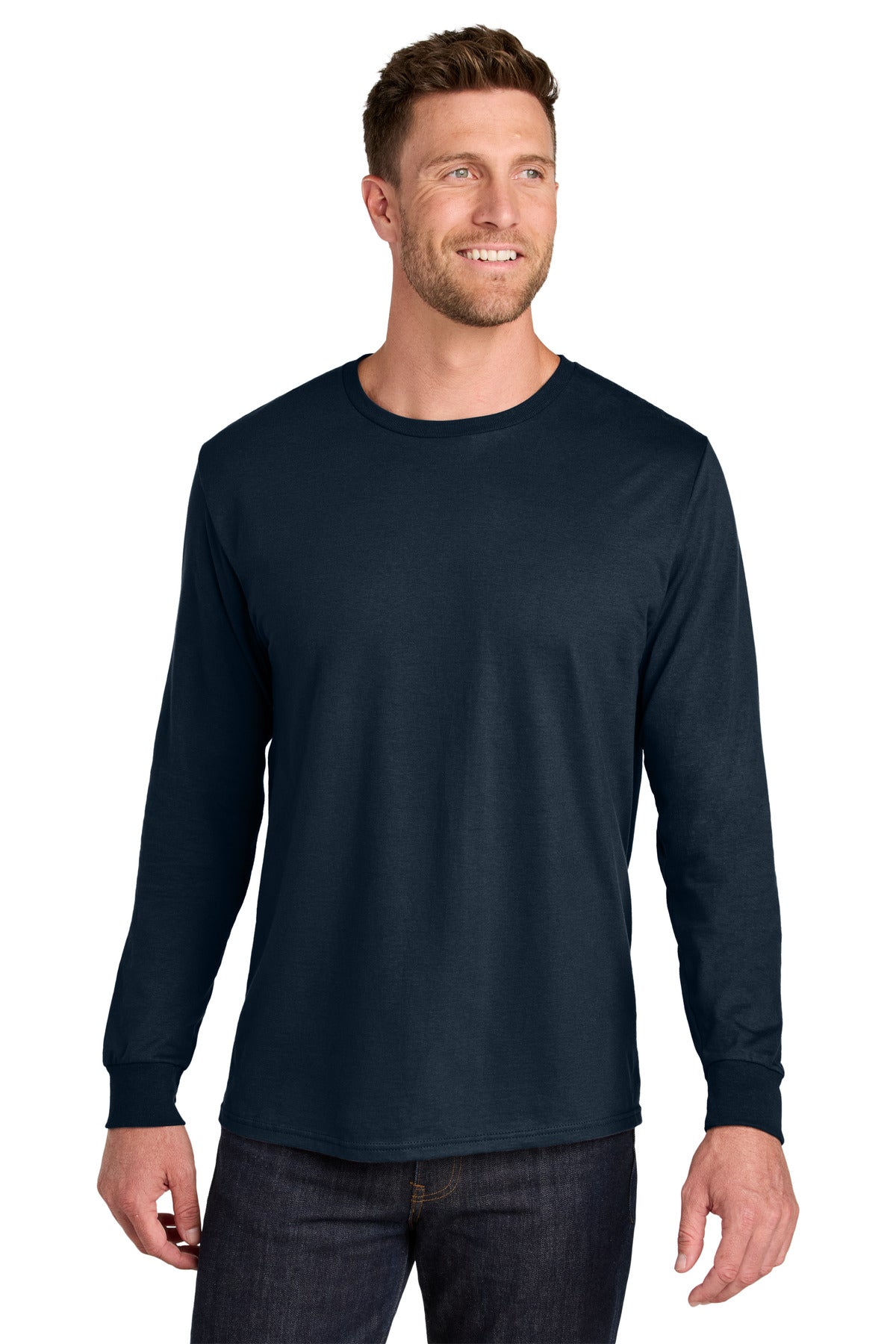 Front View of JNavy Jerzees Ultimate Unisex Ring Spun Long Sleeve T-Shirt IC46L