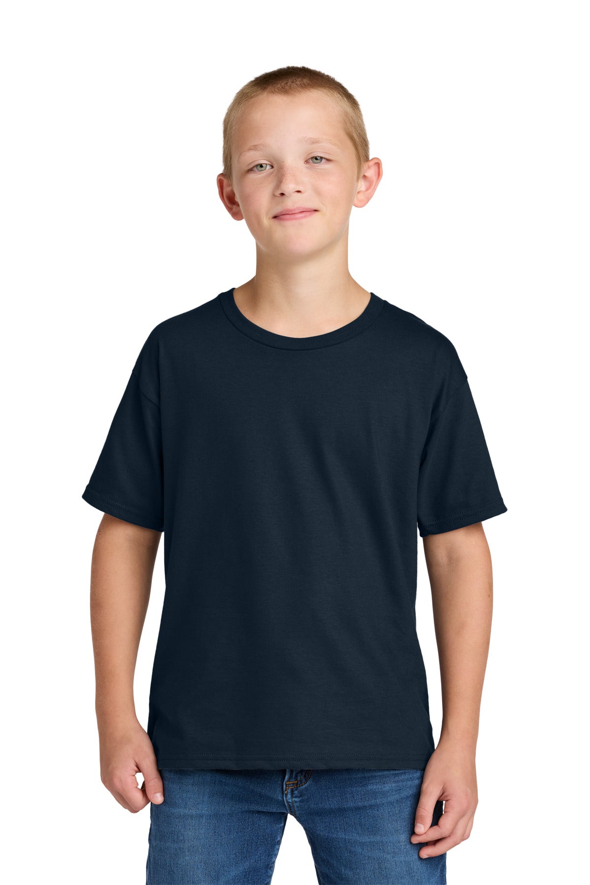 Front View of JNavy Jerzees Ultimate Youth Ring Spun T-Shirt IC46B