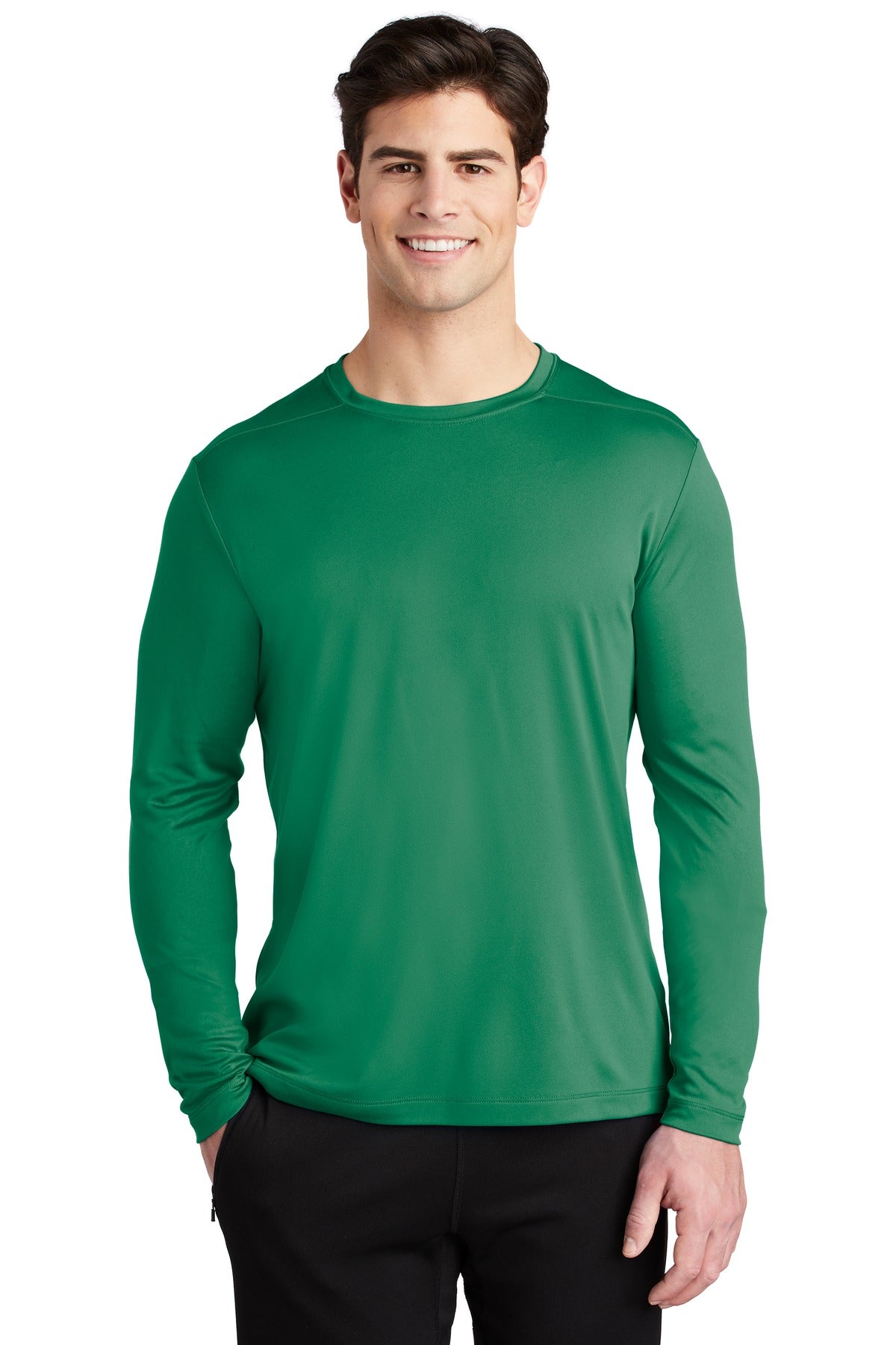 Front View of Kelly Green Sport-Tek Posi-UV Pro Long Sleeve Tee. ST420LS