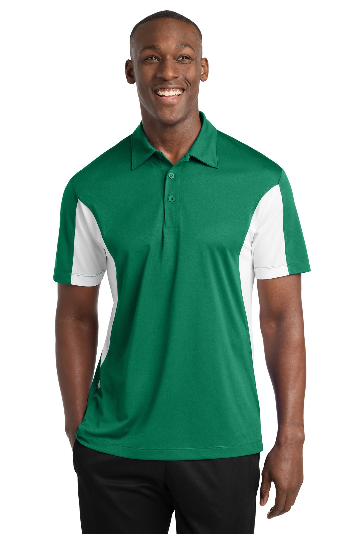 Front View of Kelly Gr/White Sport-Tek Side Blocked Micropique Sport-Wick Polo. ST655