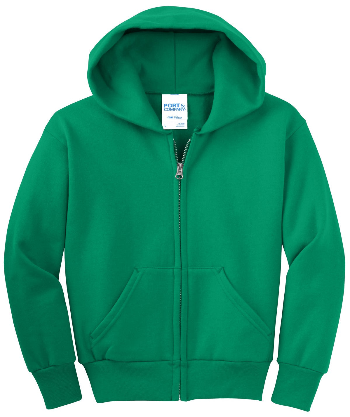 Front View of Kelly Port & Co Youth Core Fleece Full-Zip Hooded Sweatshirt. PC90YZH