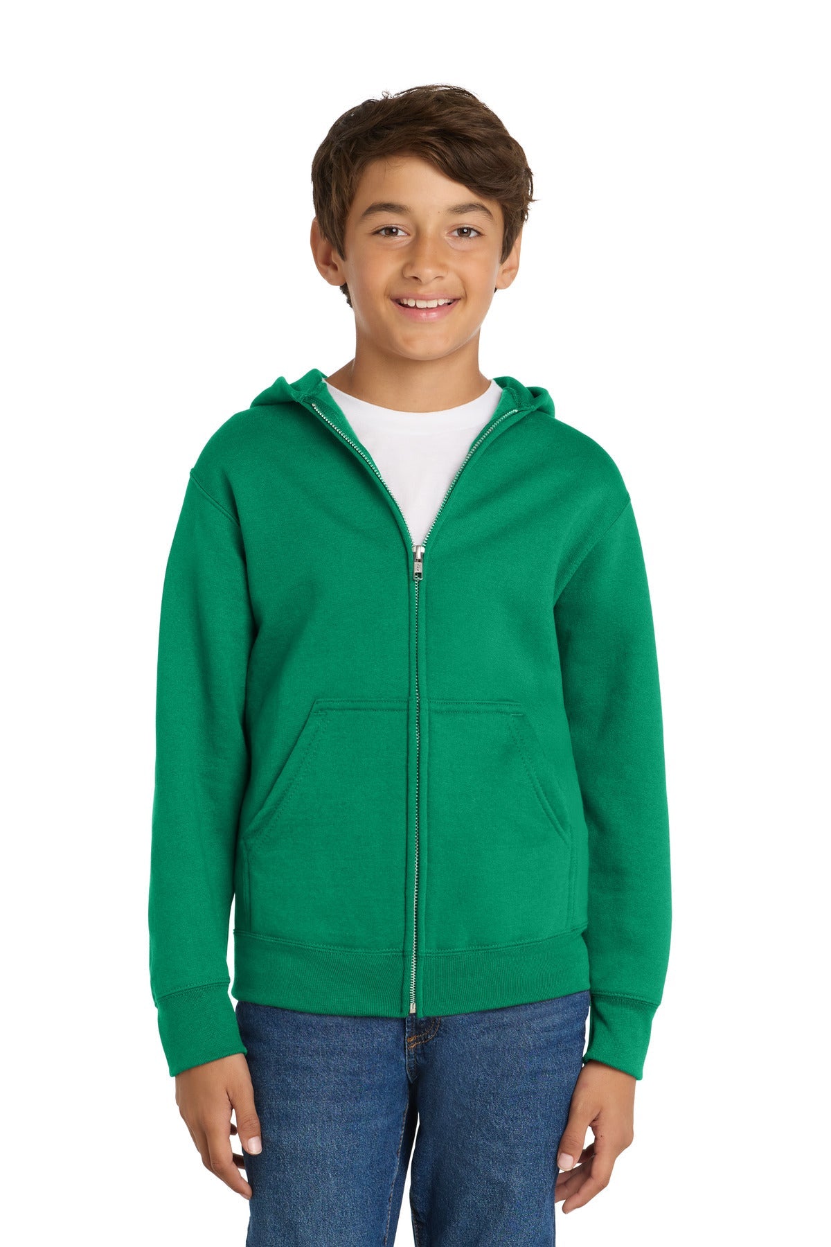 Front View of Kelly Port & Co Youth Core Fleece Full-Zip Hooded Sweatshirt. PC90YZH