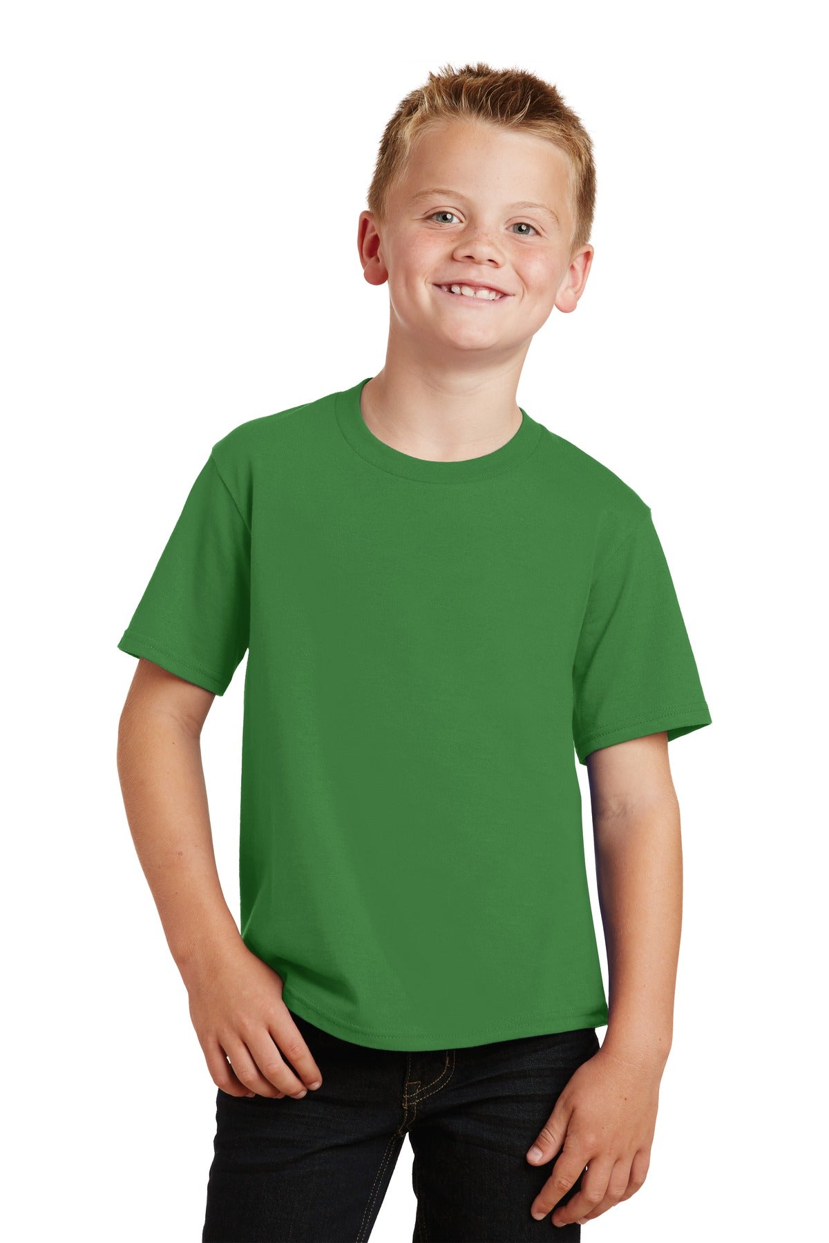 Front View of Kiwi Green Port & Co Youth Fan Favorite Tee. PC450Y