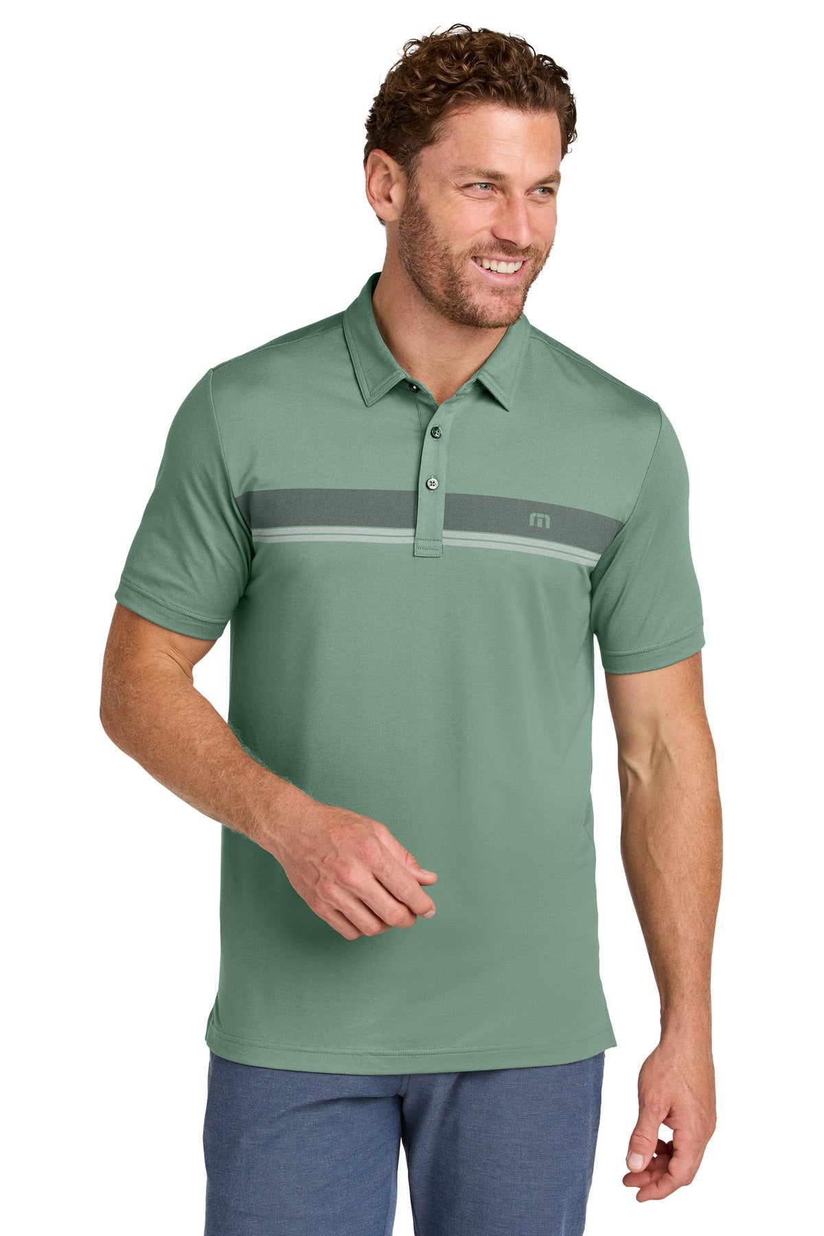 Front View of LaurelGrn TravisMathew Glenview Stripe Polo TMA41462