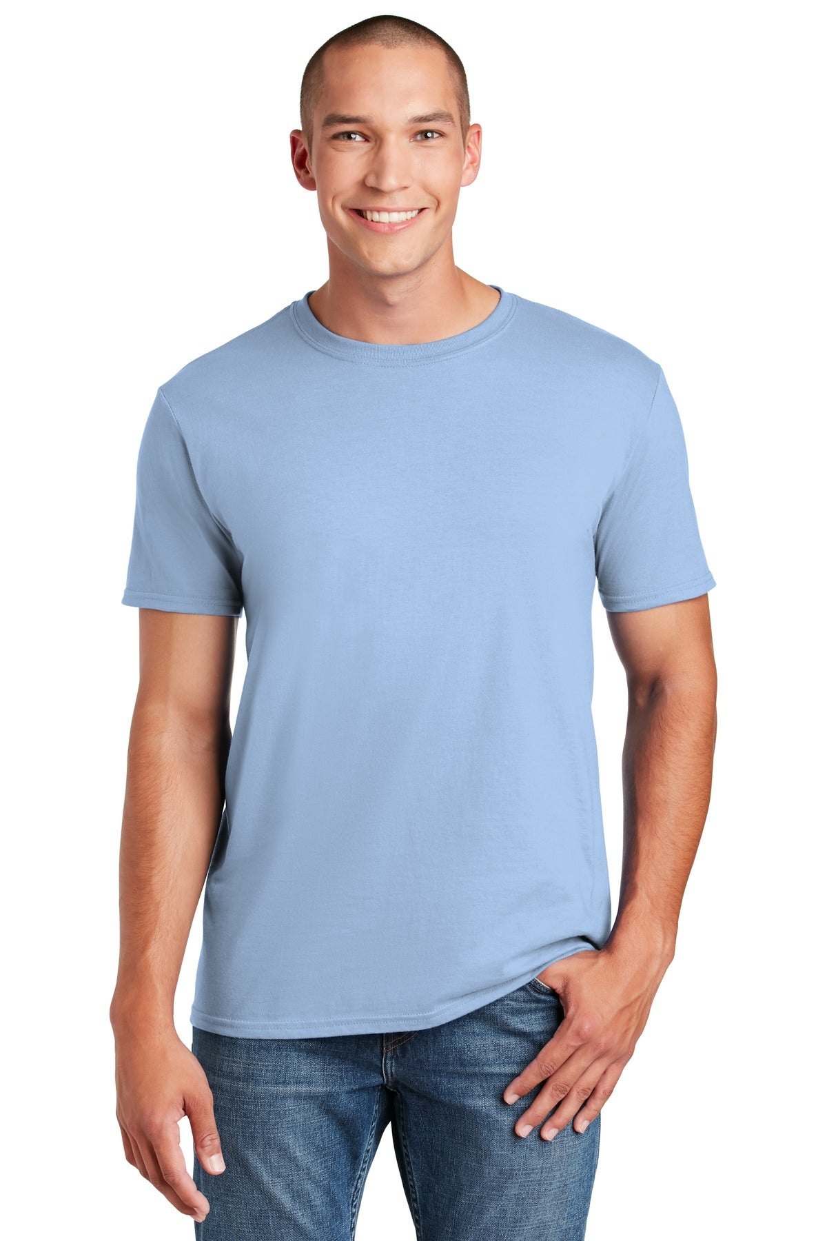 Front View of Light Blue Gildan Softstyle T-Shirt. 64000