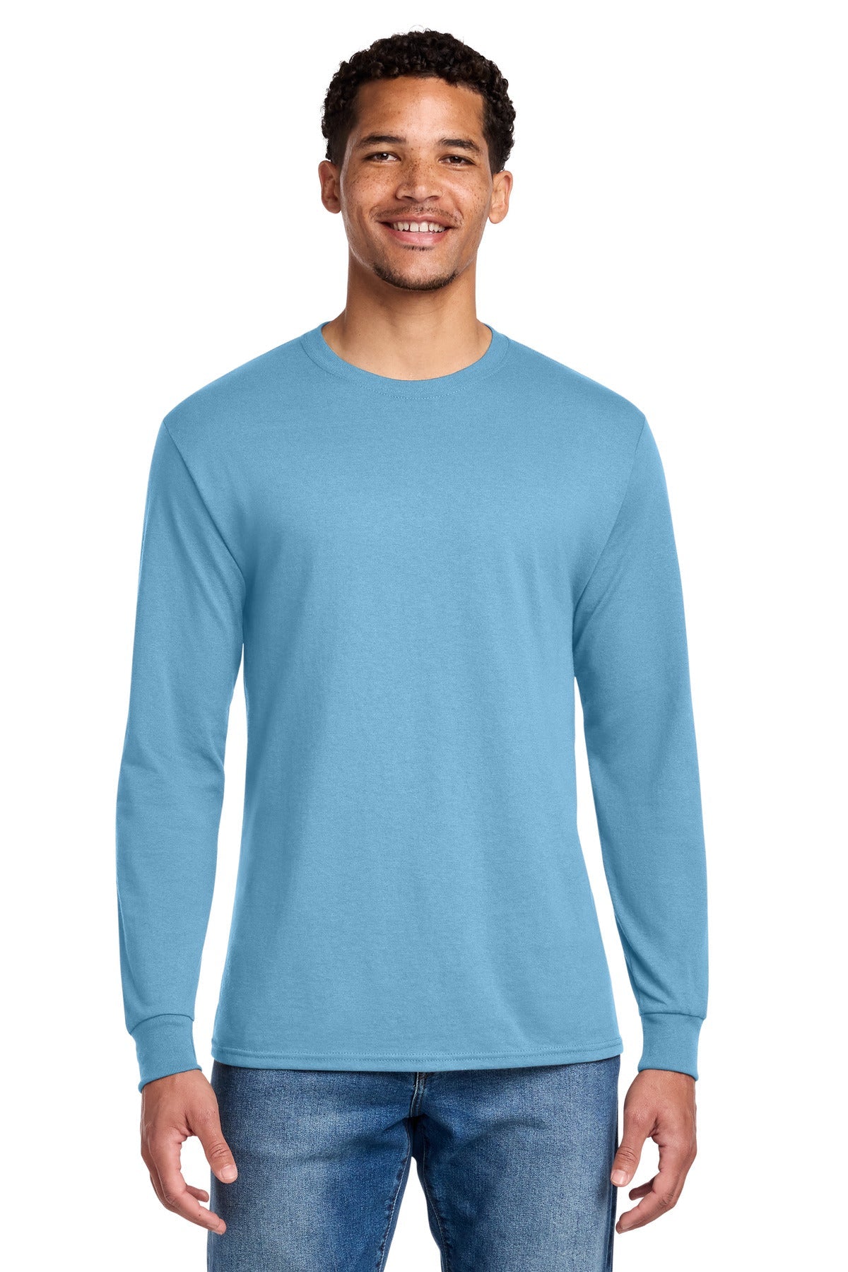 Front View of Light Blue Jerzees - Dri-Power 50/50 Cotton/Poly Long Sleeve T-Shirt. 29LS