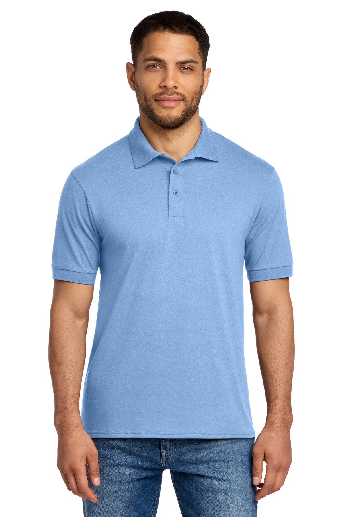 Front View of Light Blue Port & Co Core Blend Jersey Knit Polo. KP55