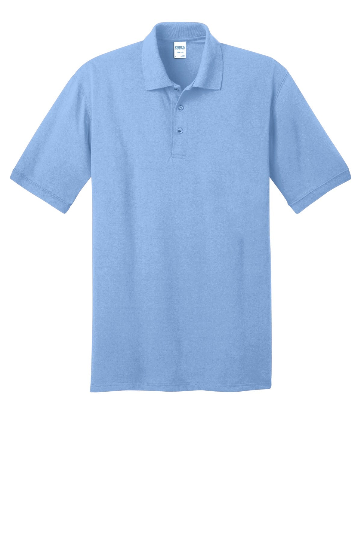 Front View of Light Blue Port & Co Core Blend Jersey Knit Polo. KP55