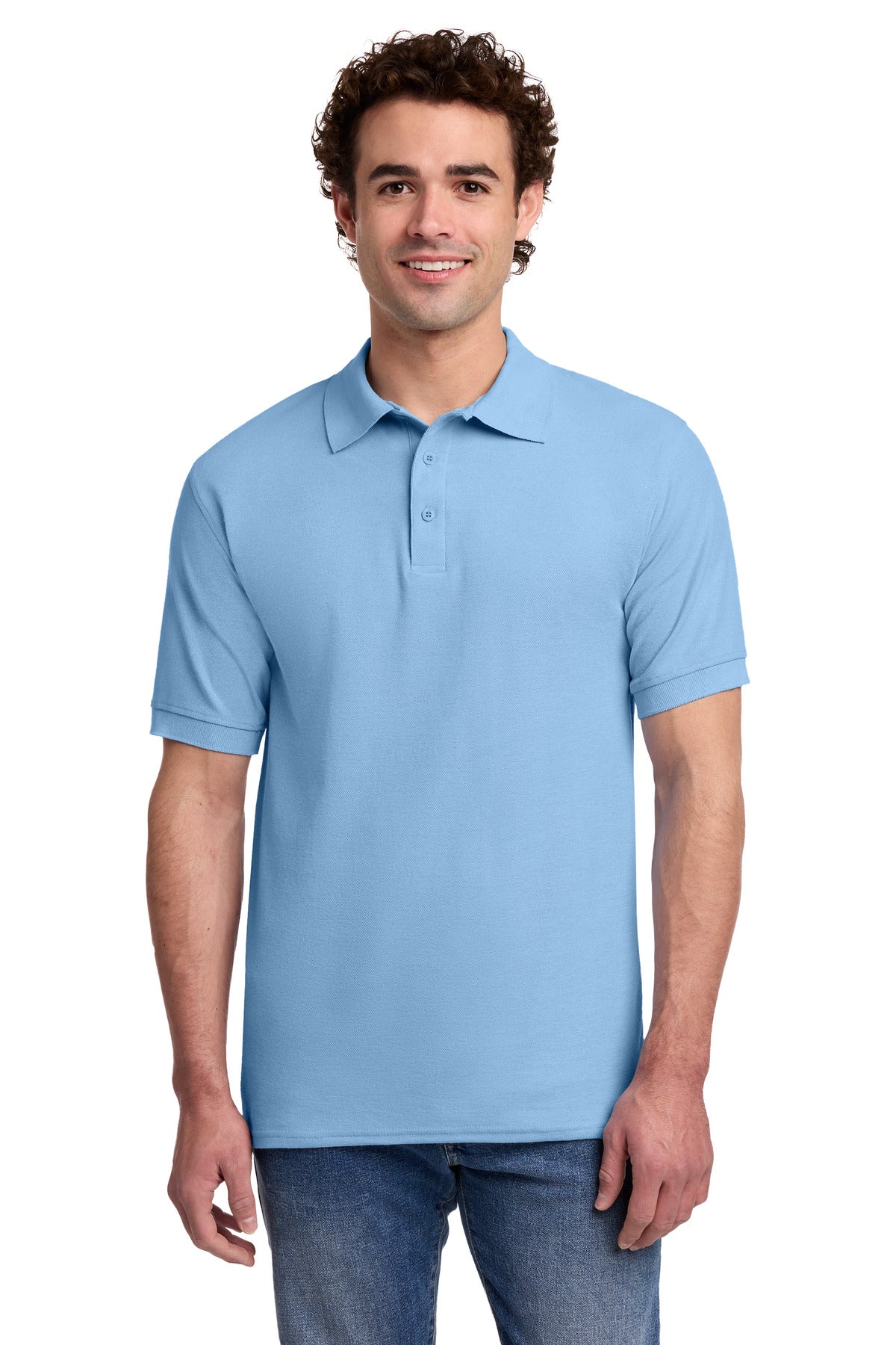 Front View of Light Blue Port & Co Core Blend Pique Polo. KP155