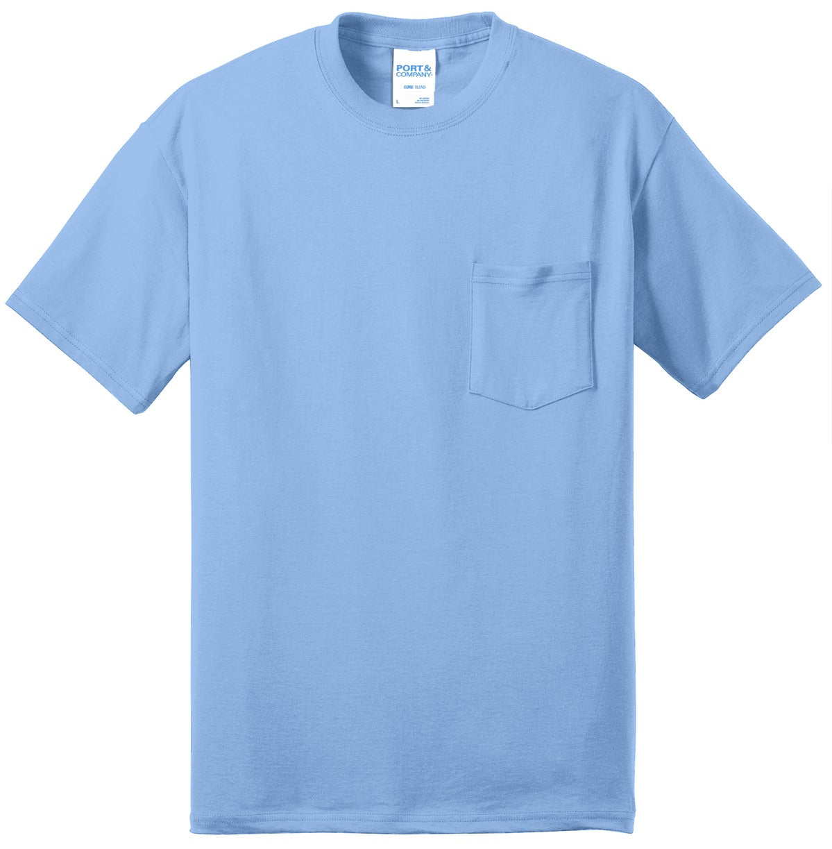 Front View of Light Blue Port & Co Core Blend Pocket Tee. PC55P