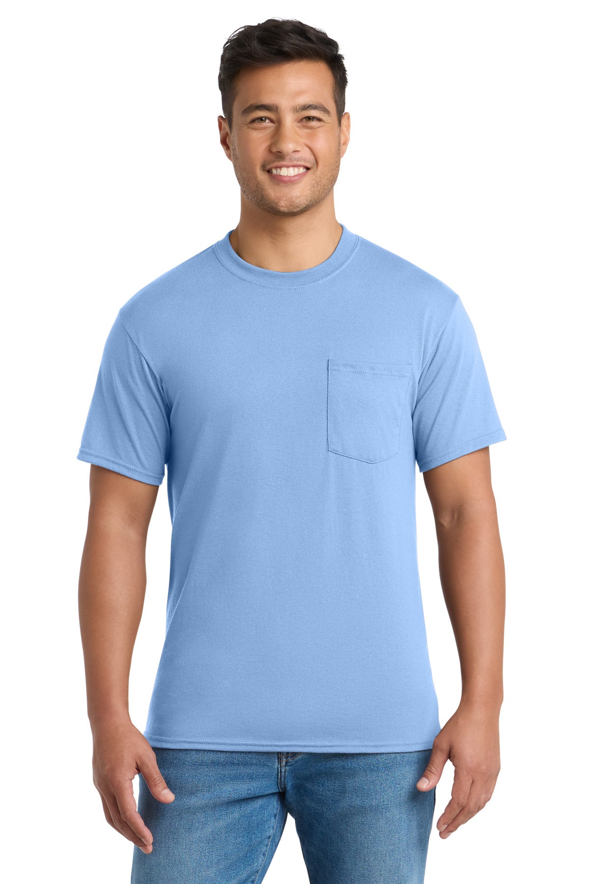 Front View of Light Blue Port & Co Core Blend Pocket Tee. PC55P