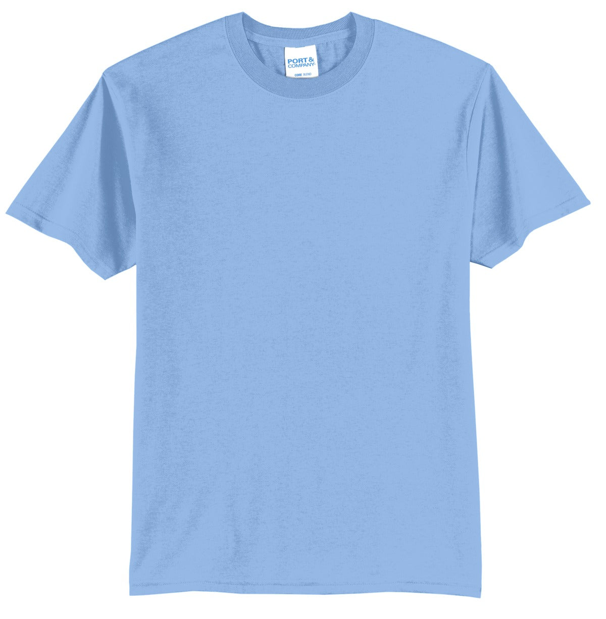 Front View of Light Blue Port & Co Core Blend Tee. PC55