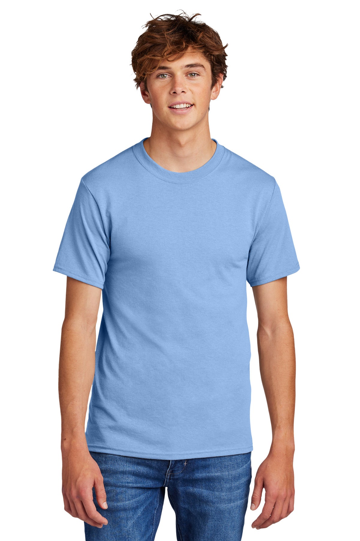 Front View of Light Blue Port & Co Core Blend Tee. PC55