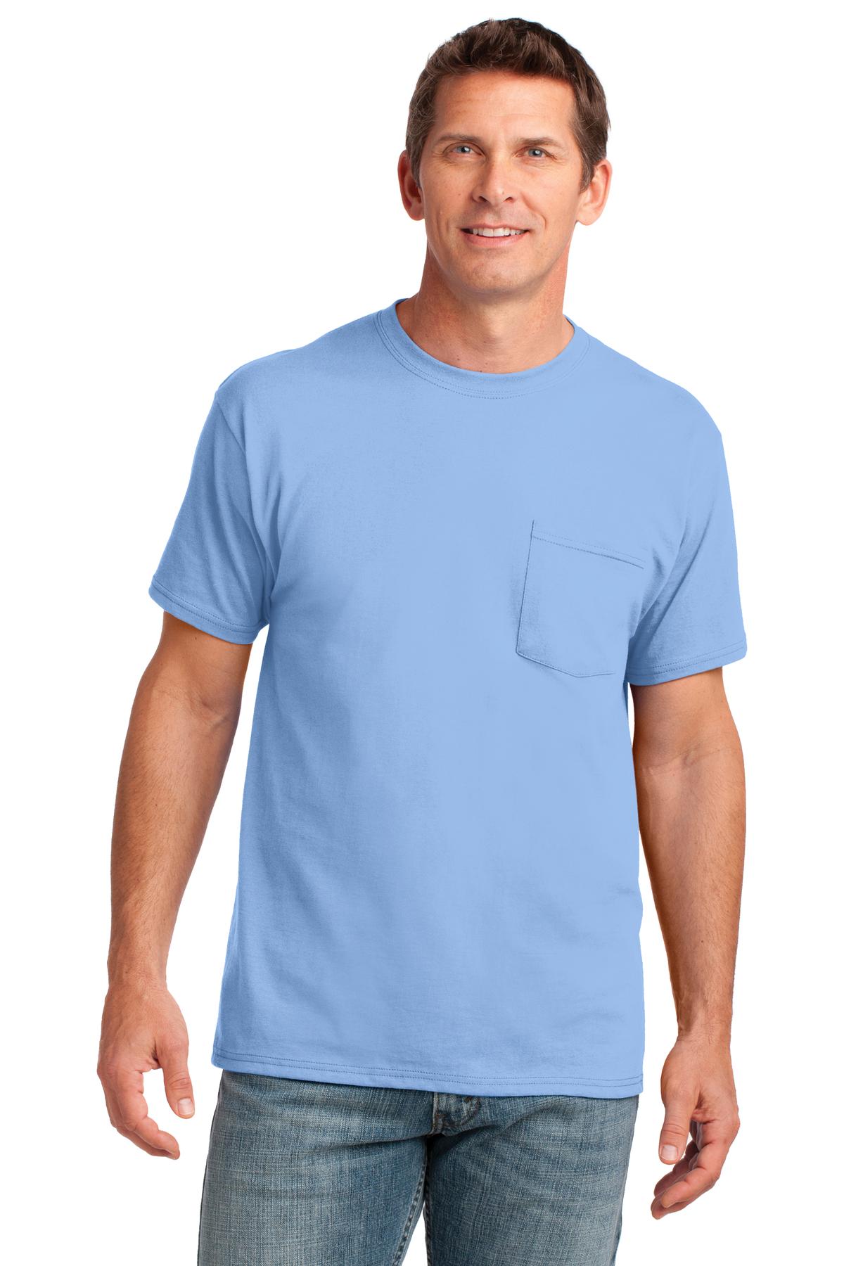 Front View of Light Blue Port & Co Core Cotton Pocket Tee. PC54P