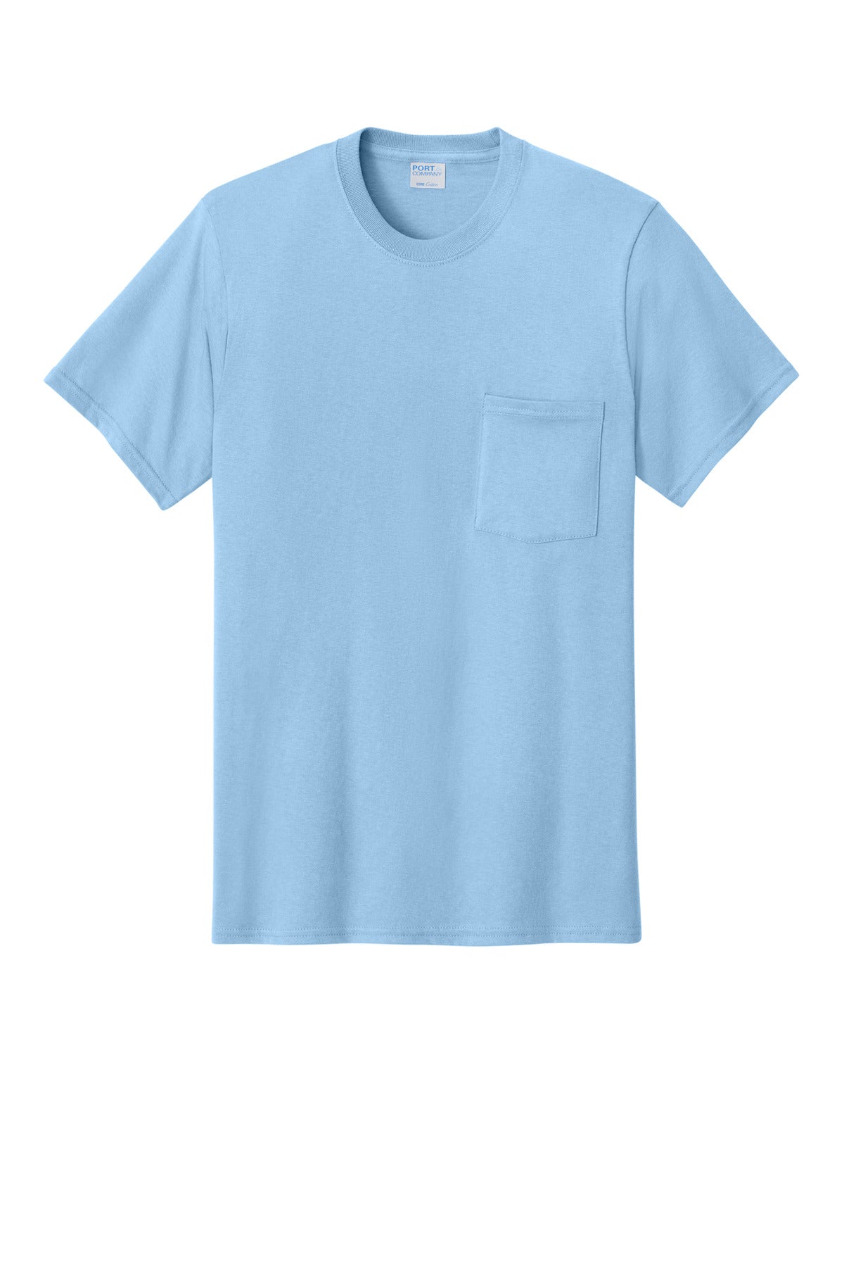 Front View of Light Blue Port & Co Core Cotton Pocket Tee. PC54P