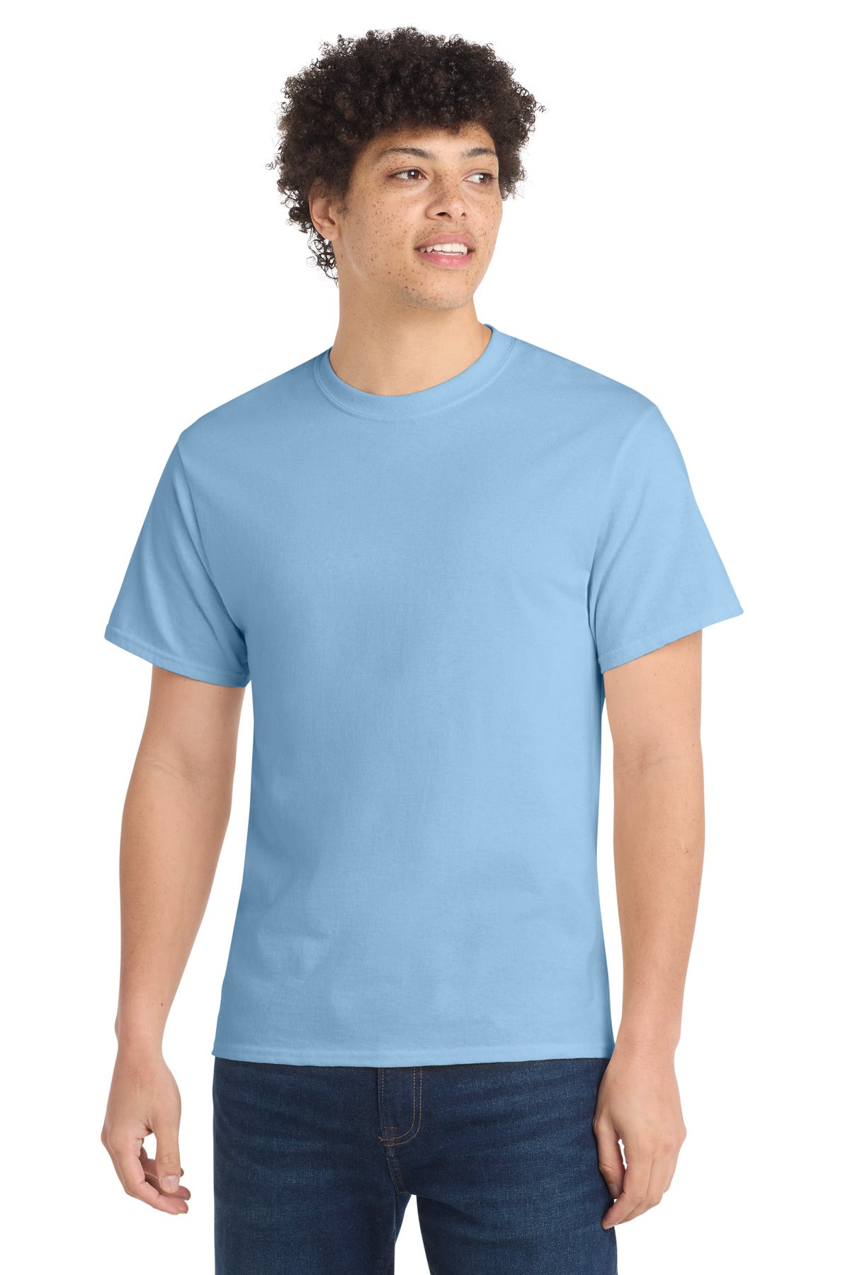 Front View of Light Blue Port & Co Core Cotton Tee. PC54