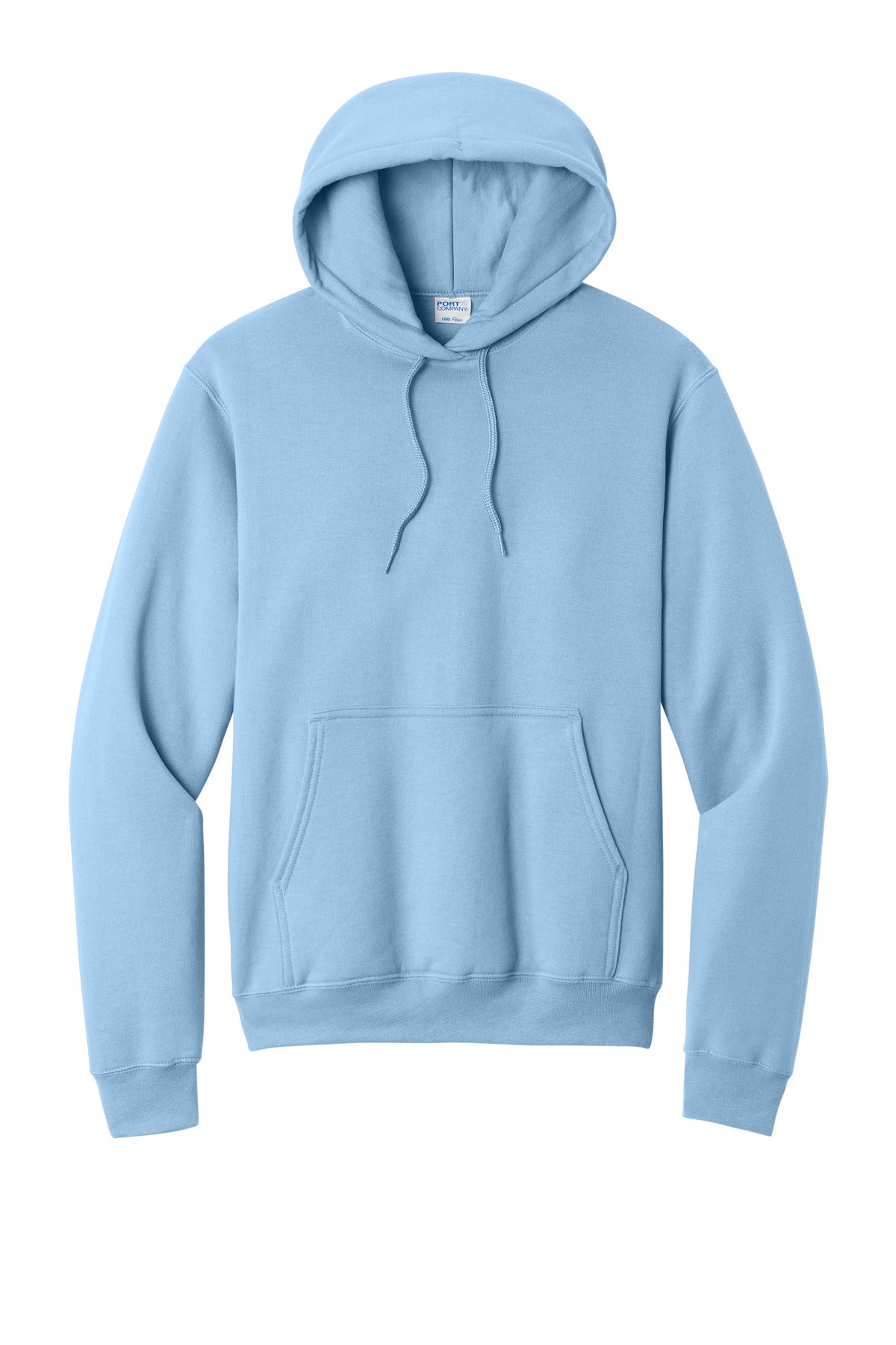 Front View of Light Blue Port & Co Core Fleece Pullover Hooded Sweatshirt. PC78H