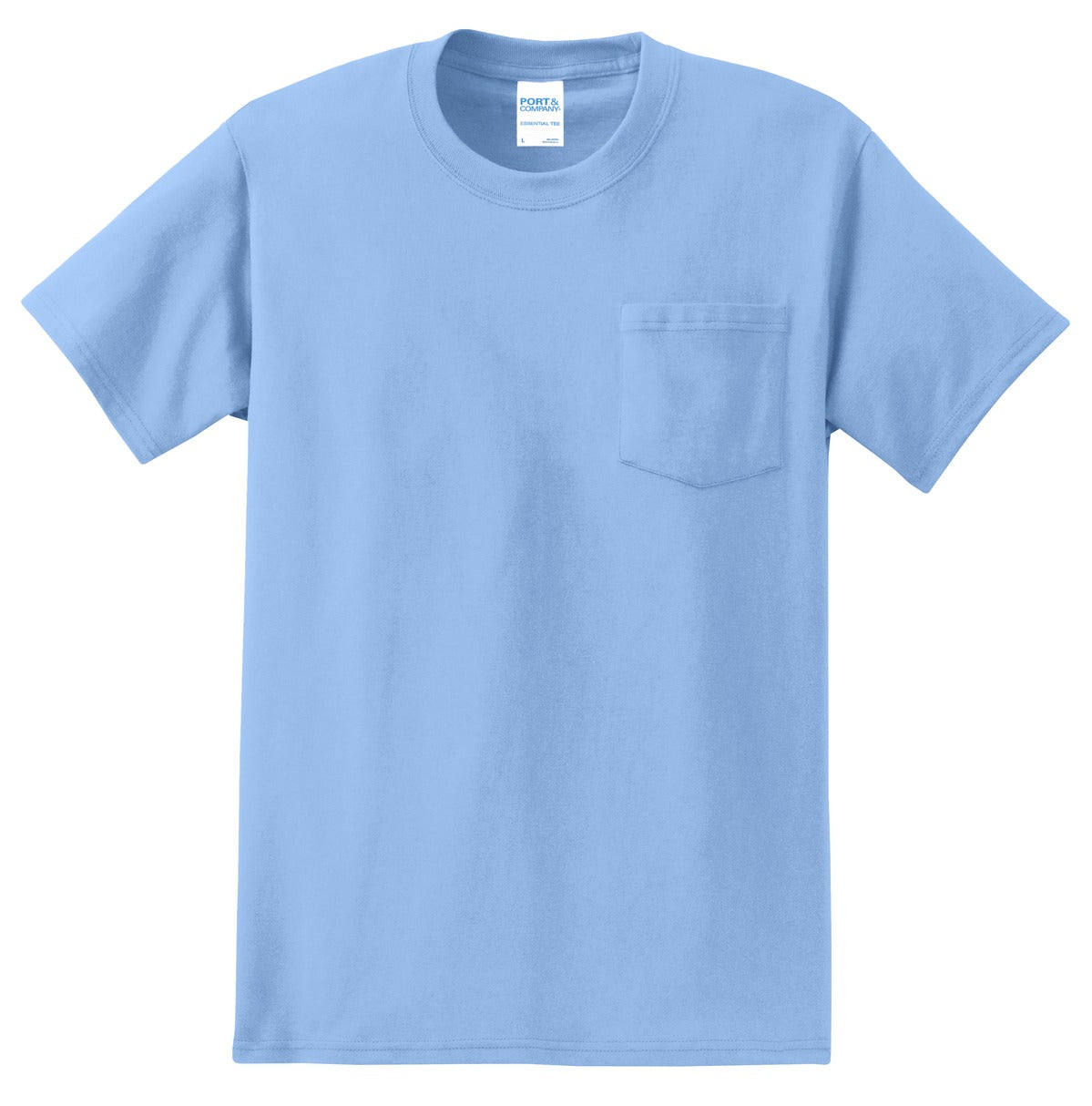 Front View of Light Blue Port & Co Essential Pocket Tee. PC61P