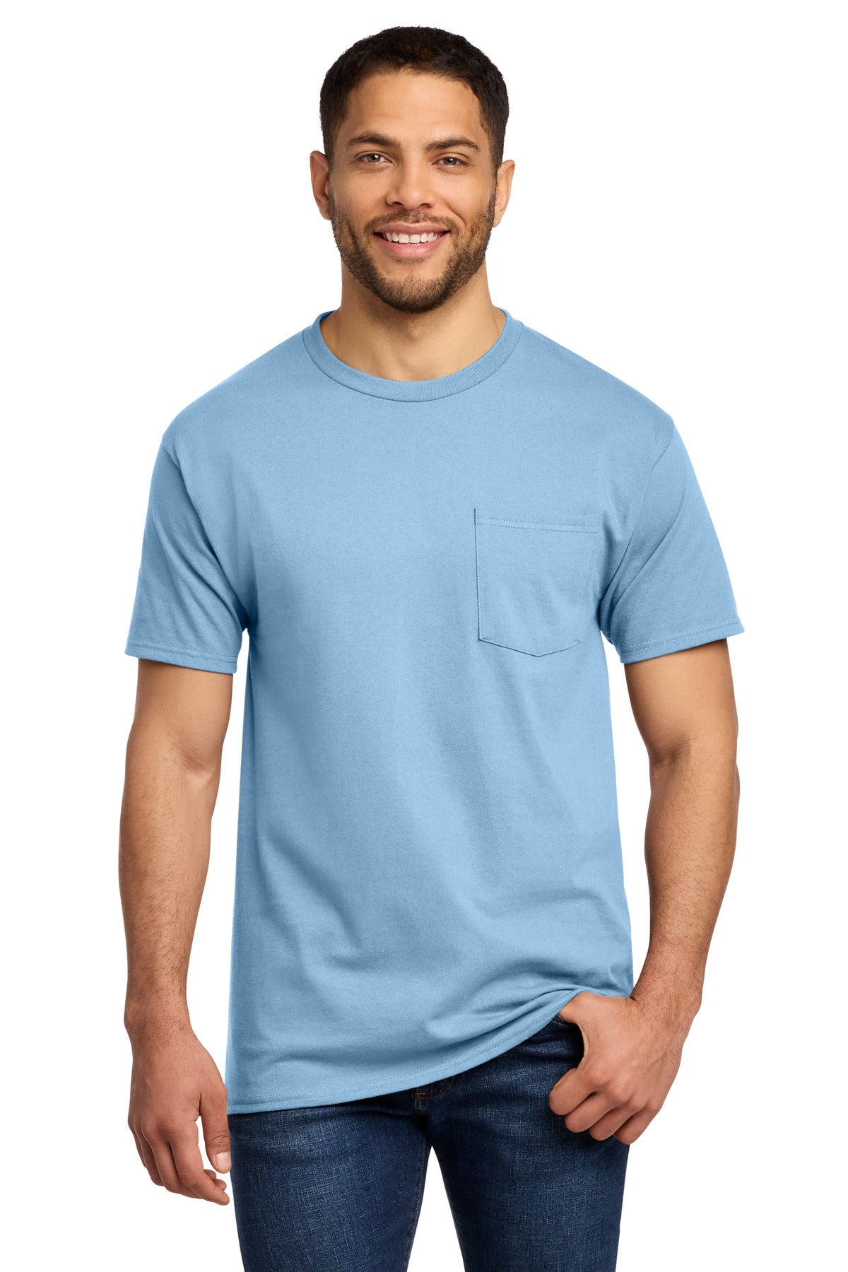 Front View of Light Blue Port & Co Essential Pocket Tee. PC61P