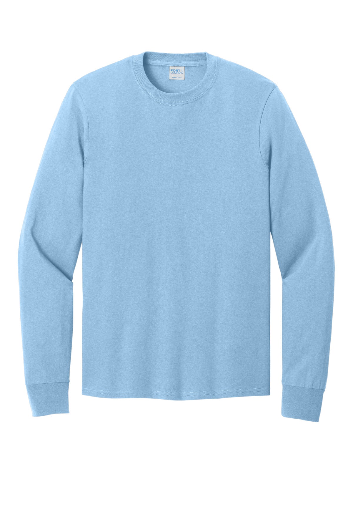 Front View of Light Blue Port & Co Long Sleeve Core Cotton Tee. PC54LS