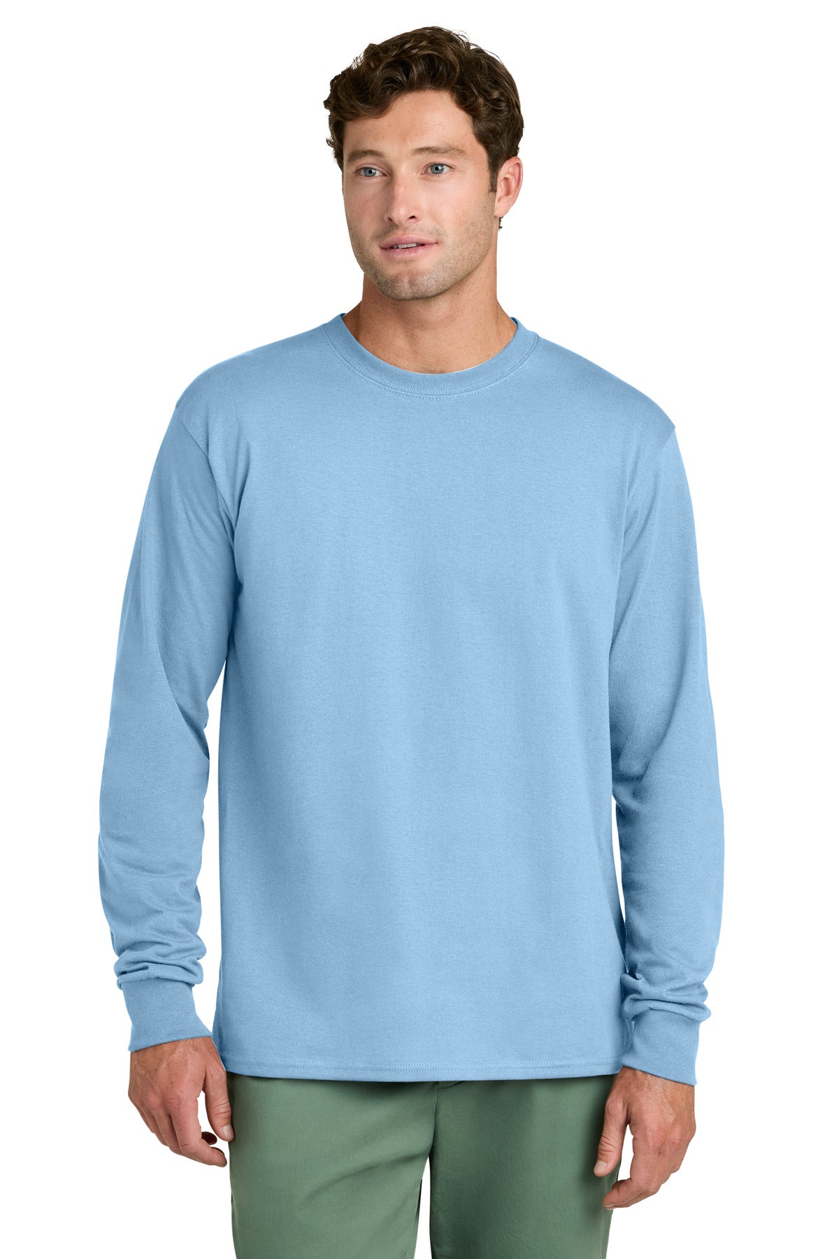 Front View of Light Blue Port & Co Long Sleeve Core Cotton Tee. PC54LS