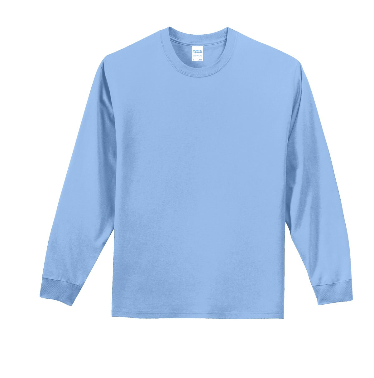 Front View of Light Blue Port & Co Long Sleeve Essential Tee. PC61LS