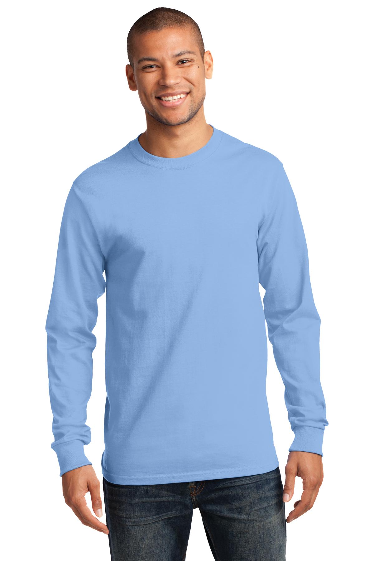 Front View of Light Blue Port & Co Long Sleeve Essential Tee. PC61LS