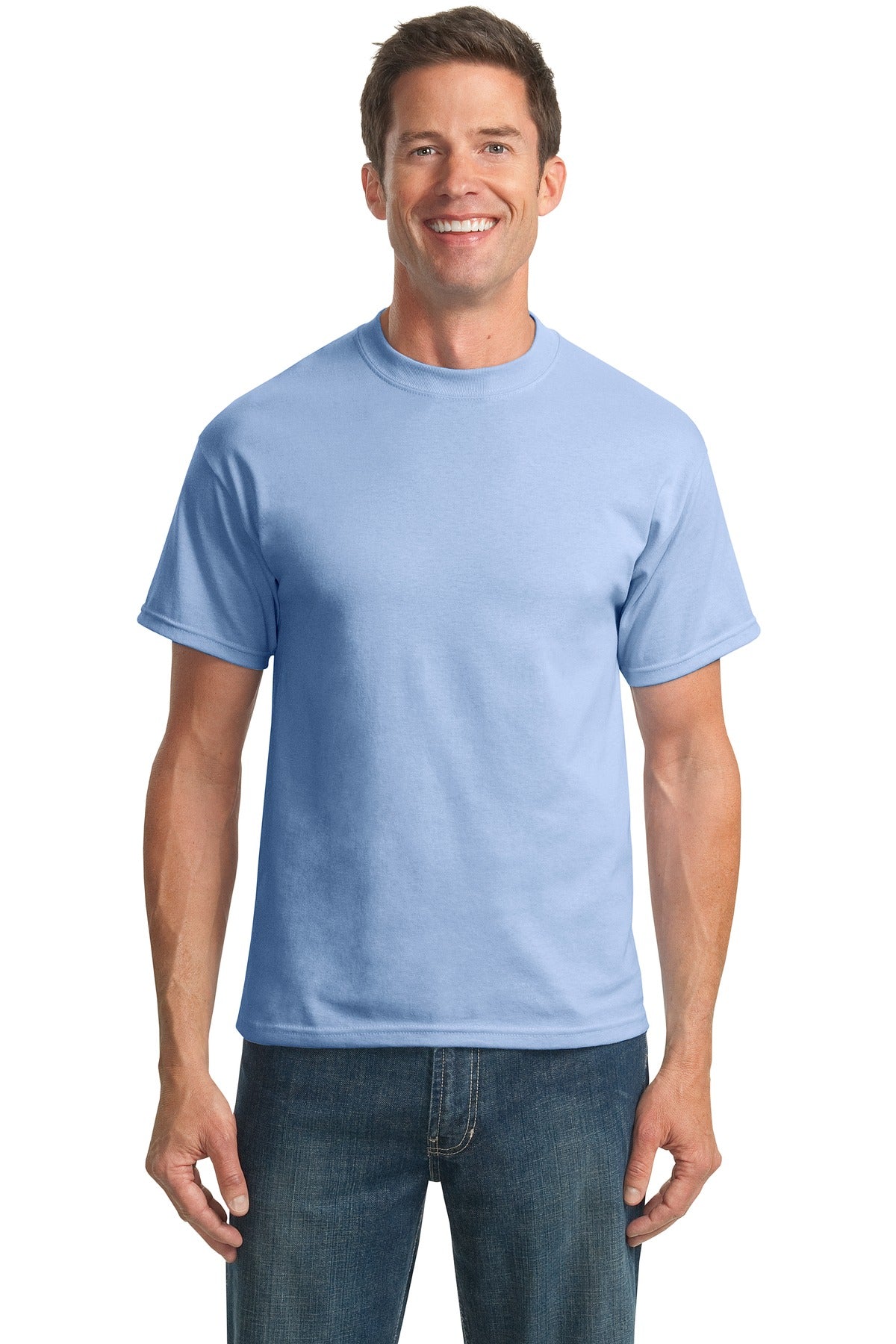 Front View of Light Blue Port & Co Tall Core Blend Tee. PC55T